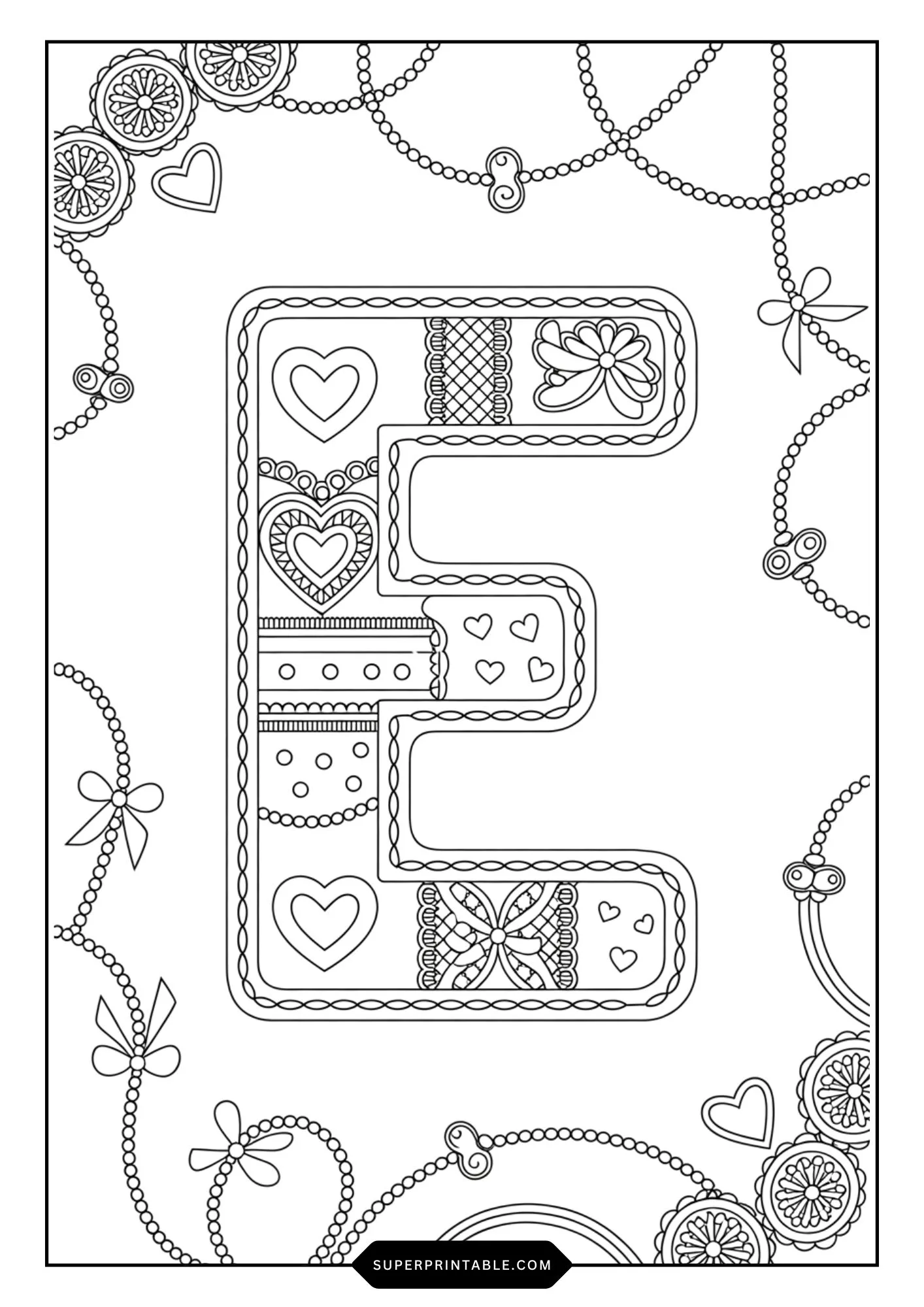 Festive Ribbon & Heart Alphabet Coloring Pages 5