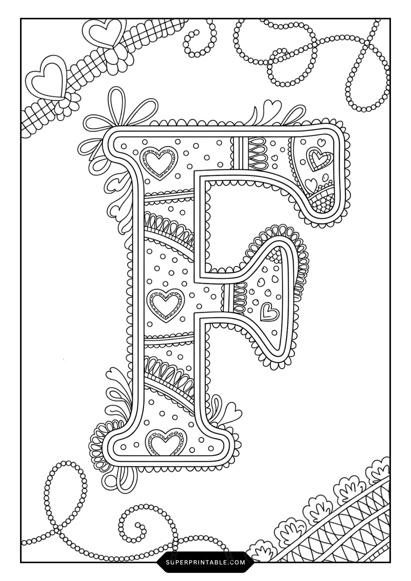 Festive Ribbon & Heart Alphabet Coloring Pages 6