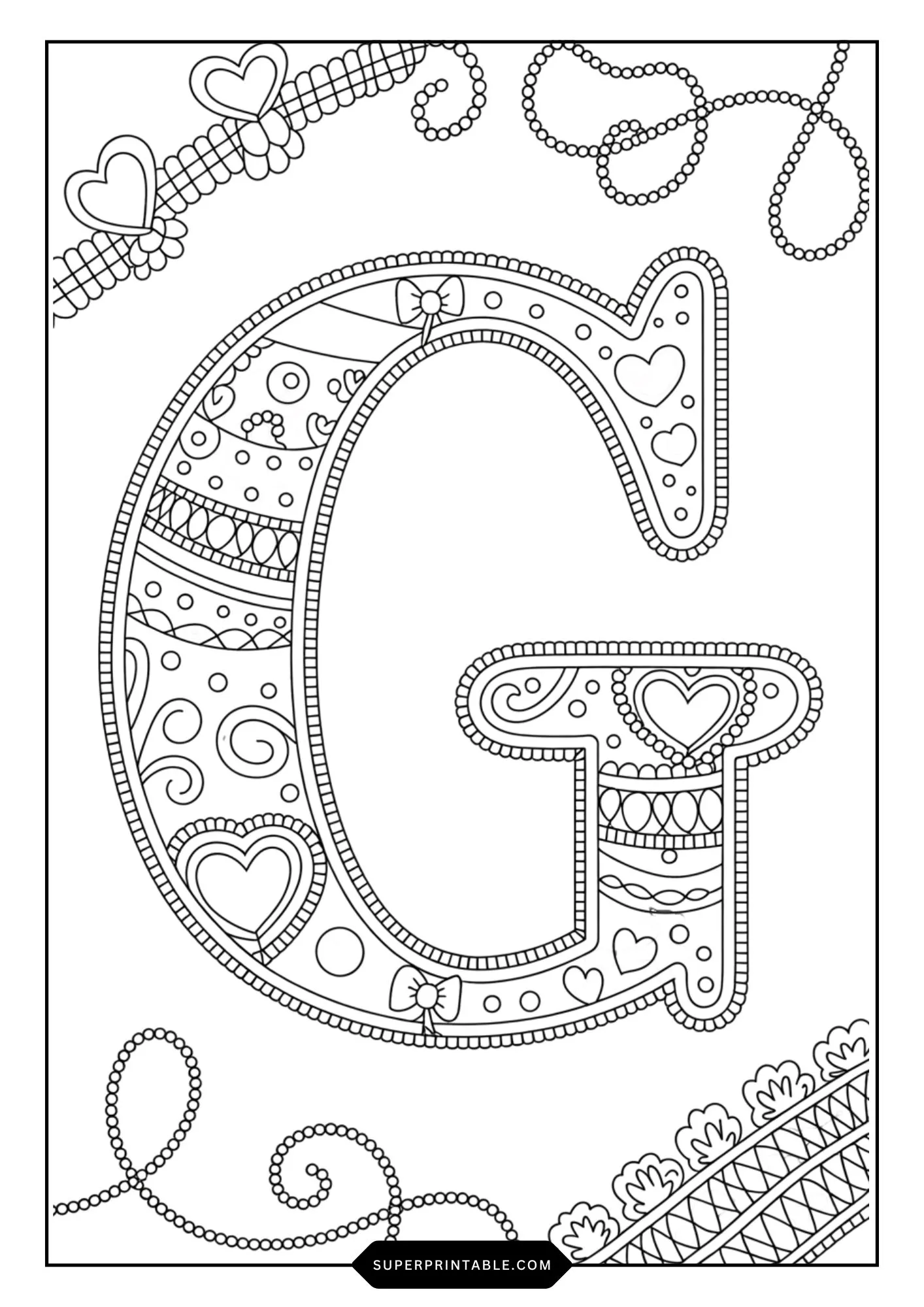 Festive Ribbon & Heart Alphabet Coloring Pages 7