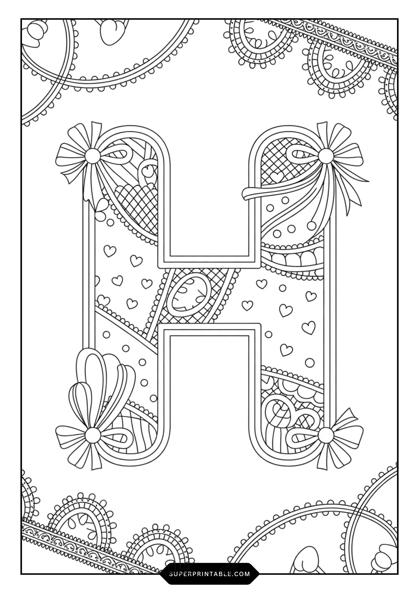 Festive Ribbon & Heart Alphabet Coloring Pages 8