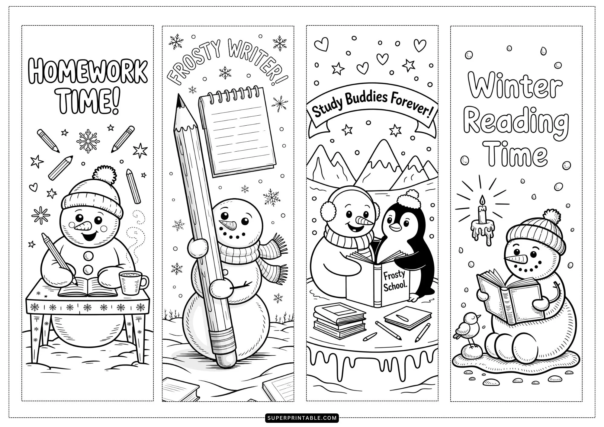 Frosty’s Homework Time Coloring Bookmarks 1