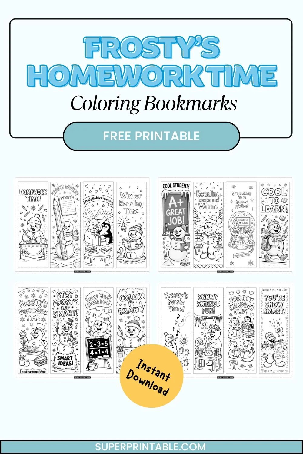 Frosty’s Homework Time Coloring Bookmarks Pinterest Image