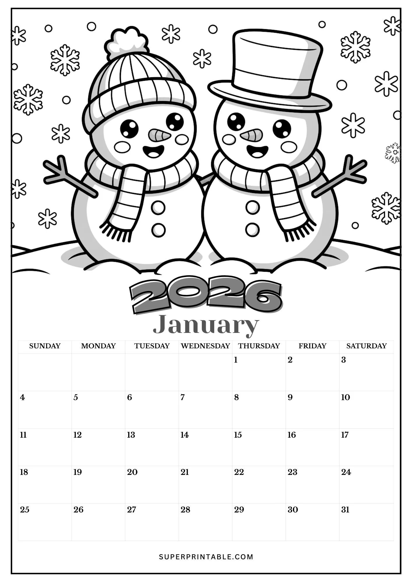 Kawaii 2026 Calendar Coloring Pages 1
