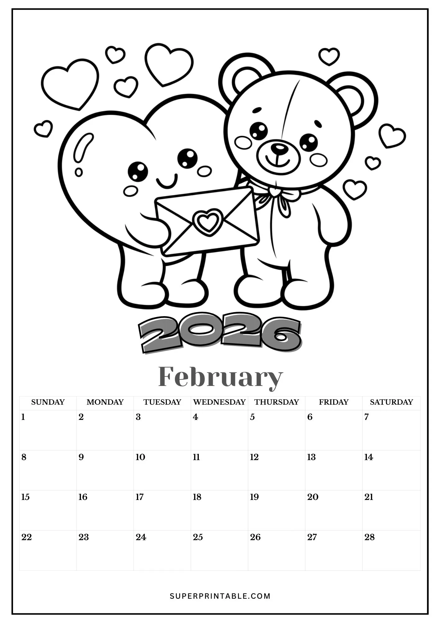 Kawaii 2026 Calendar Coloring Pages 2