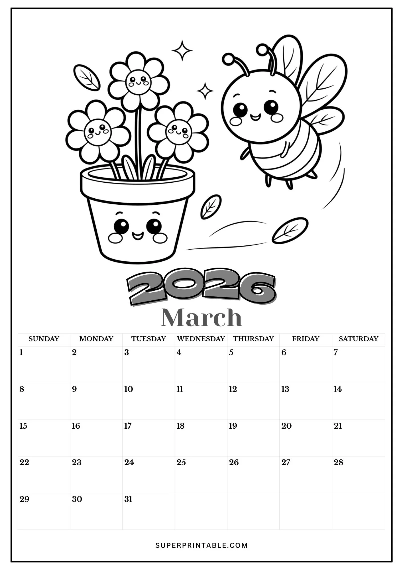 Kawaii 2026 Calendar Coloring Pages 3