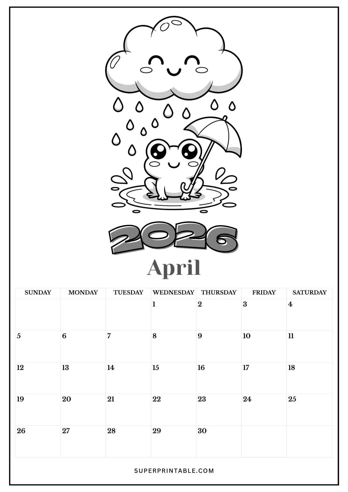 Kawaii 2026 Calendar Coloring Pages 4