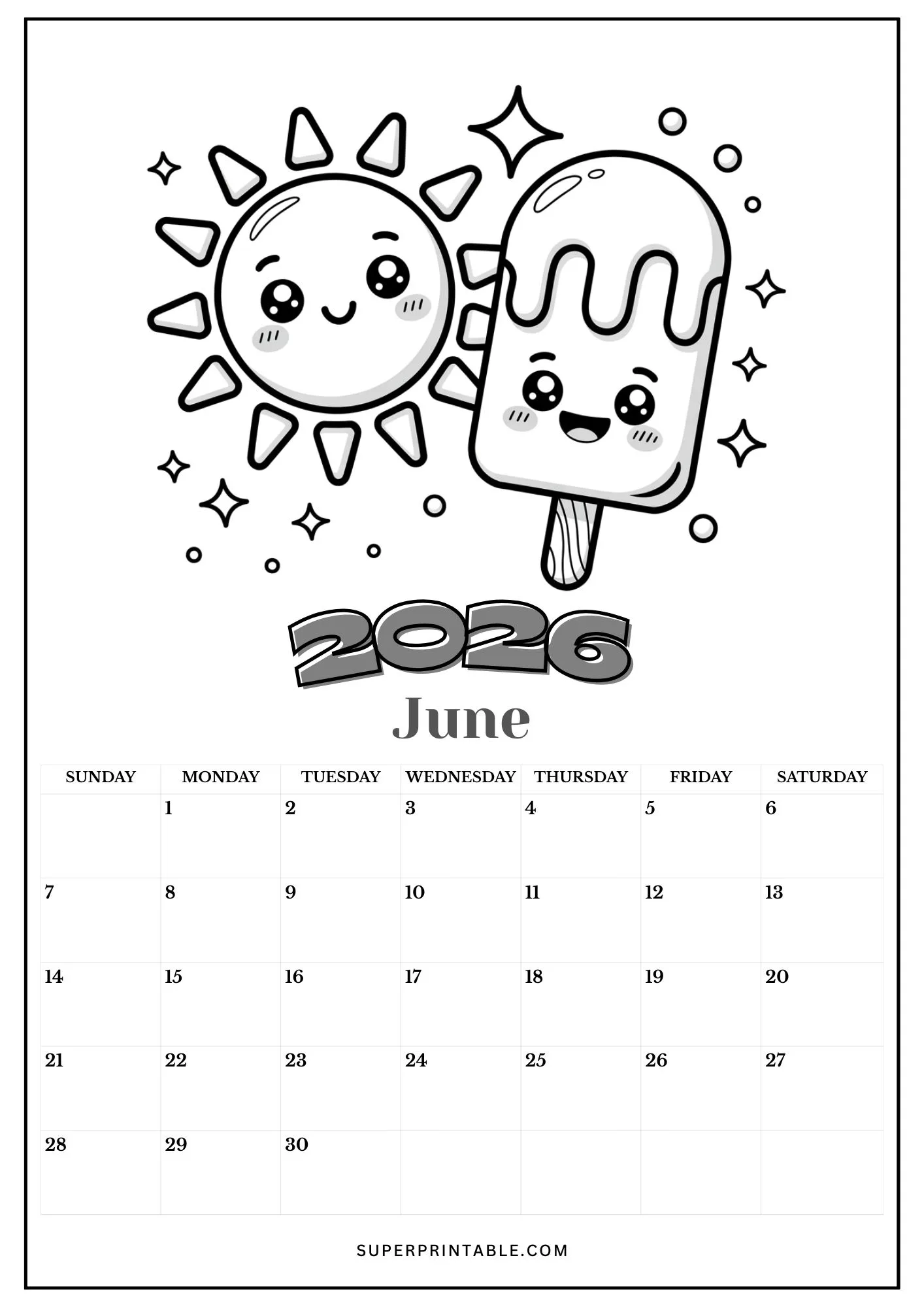 Kawaii 2026 Calendar Coloring Pages 6
