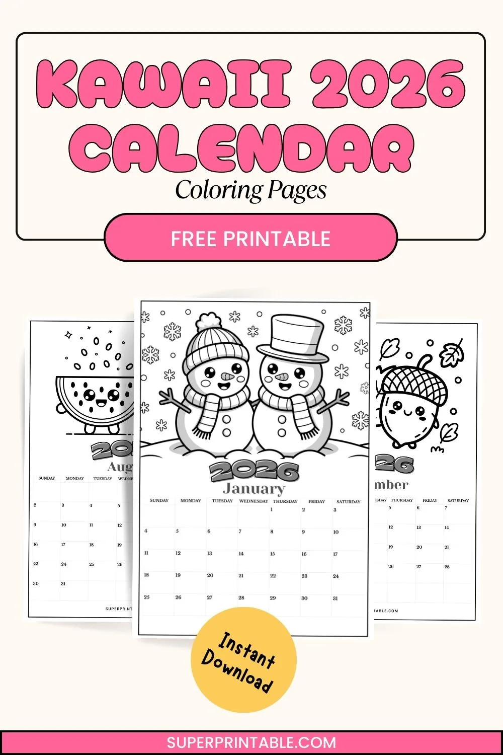Kawaii 2026 Calendar Coloring Pages Pinterest Image