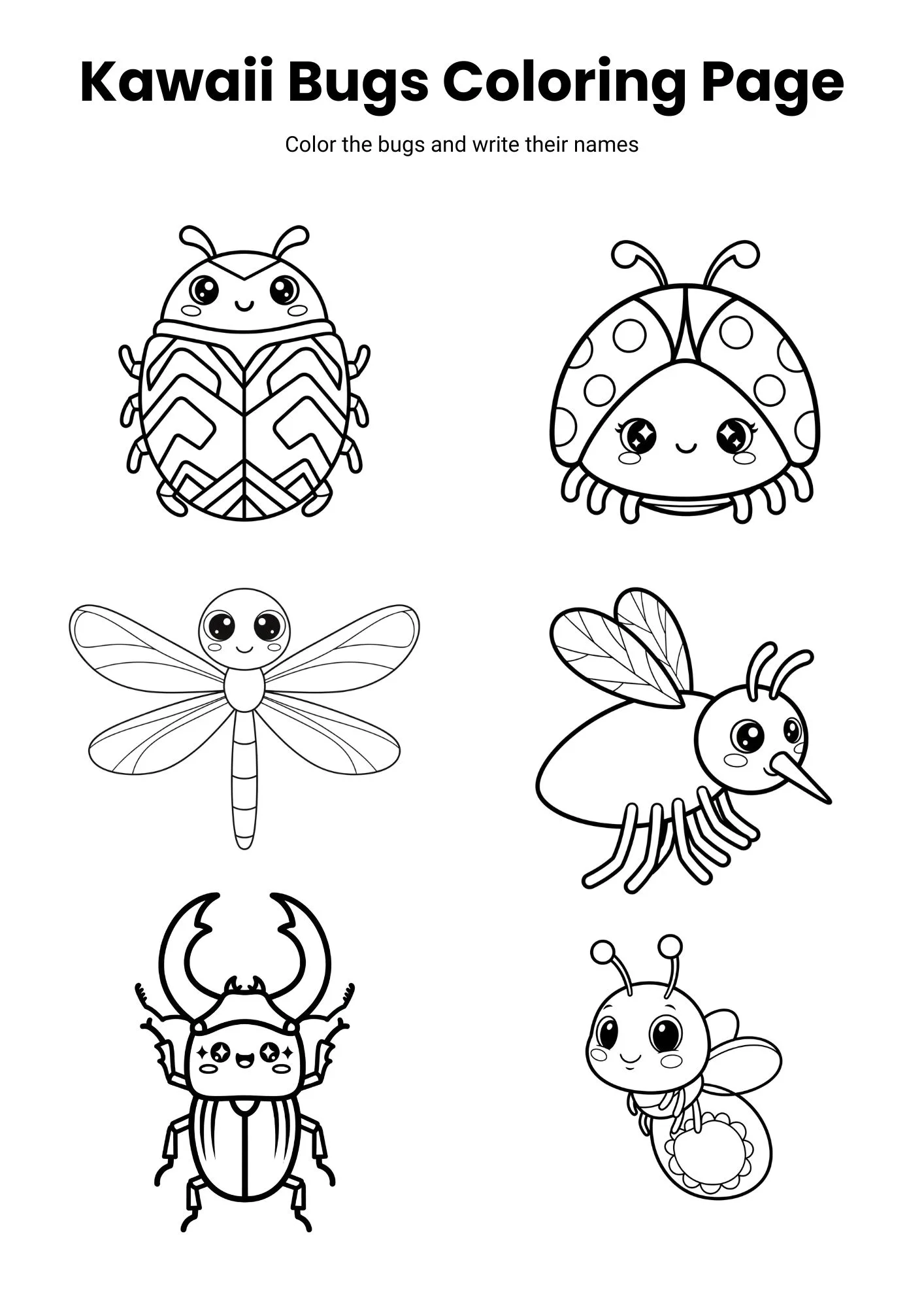 Kawaii Bugs Coloring Page 1