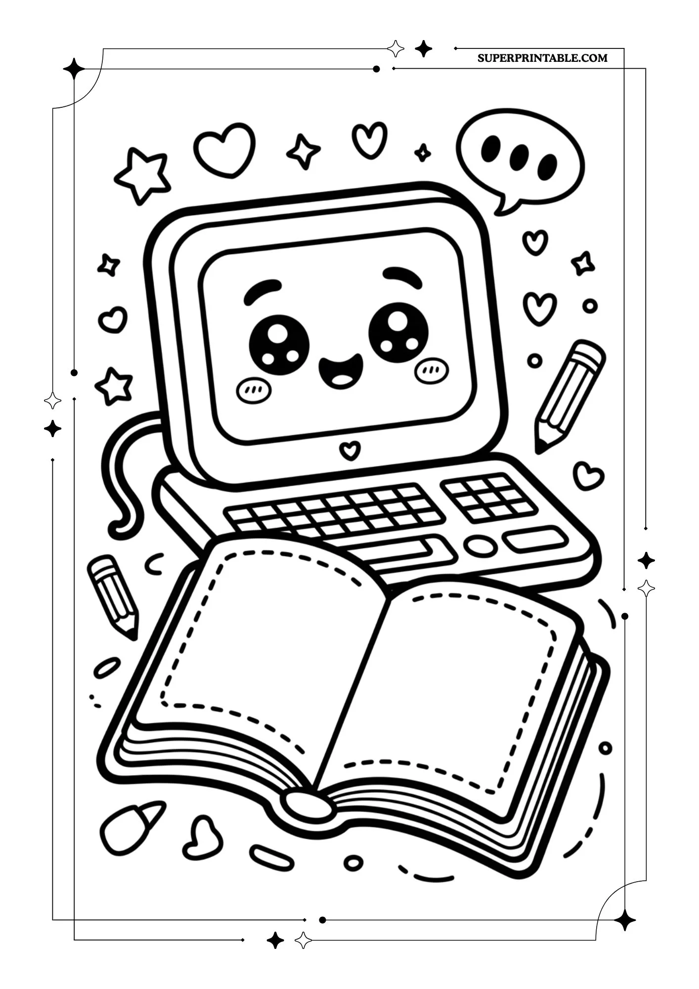 Kawaii Talking Computer Coloring Pages 1