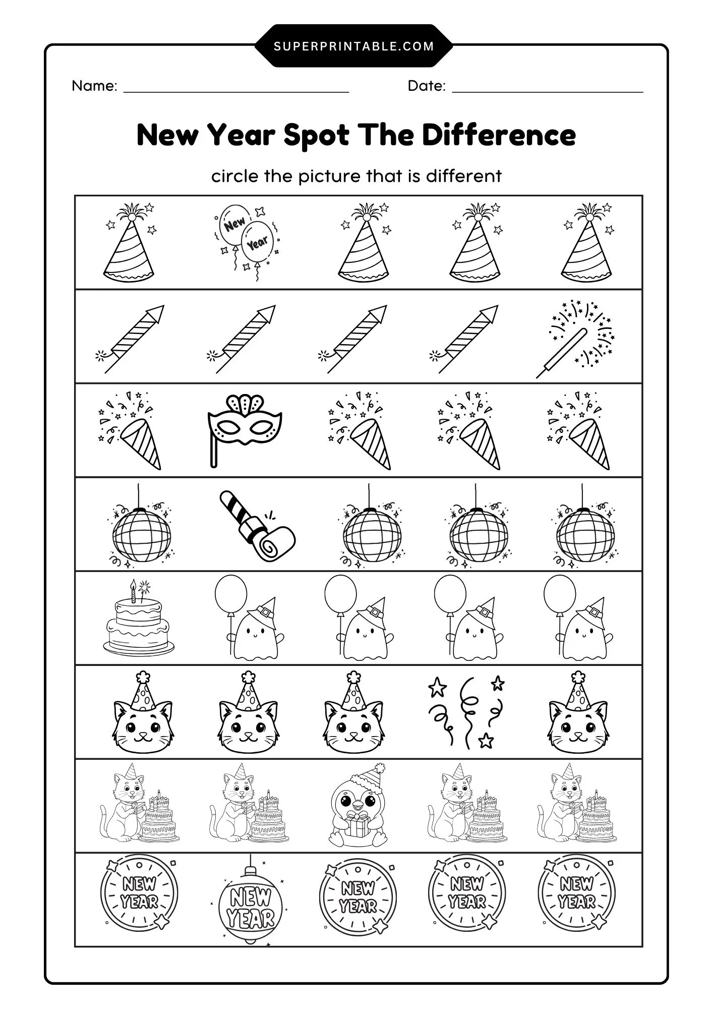 New Year Spot The Difference Activity Worksheet 1