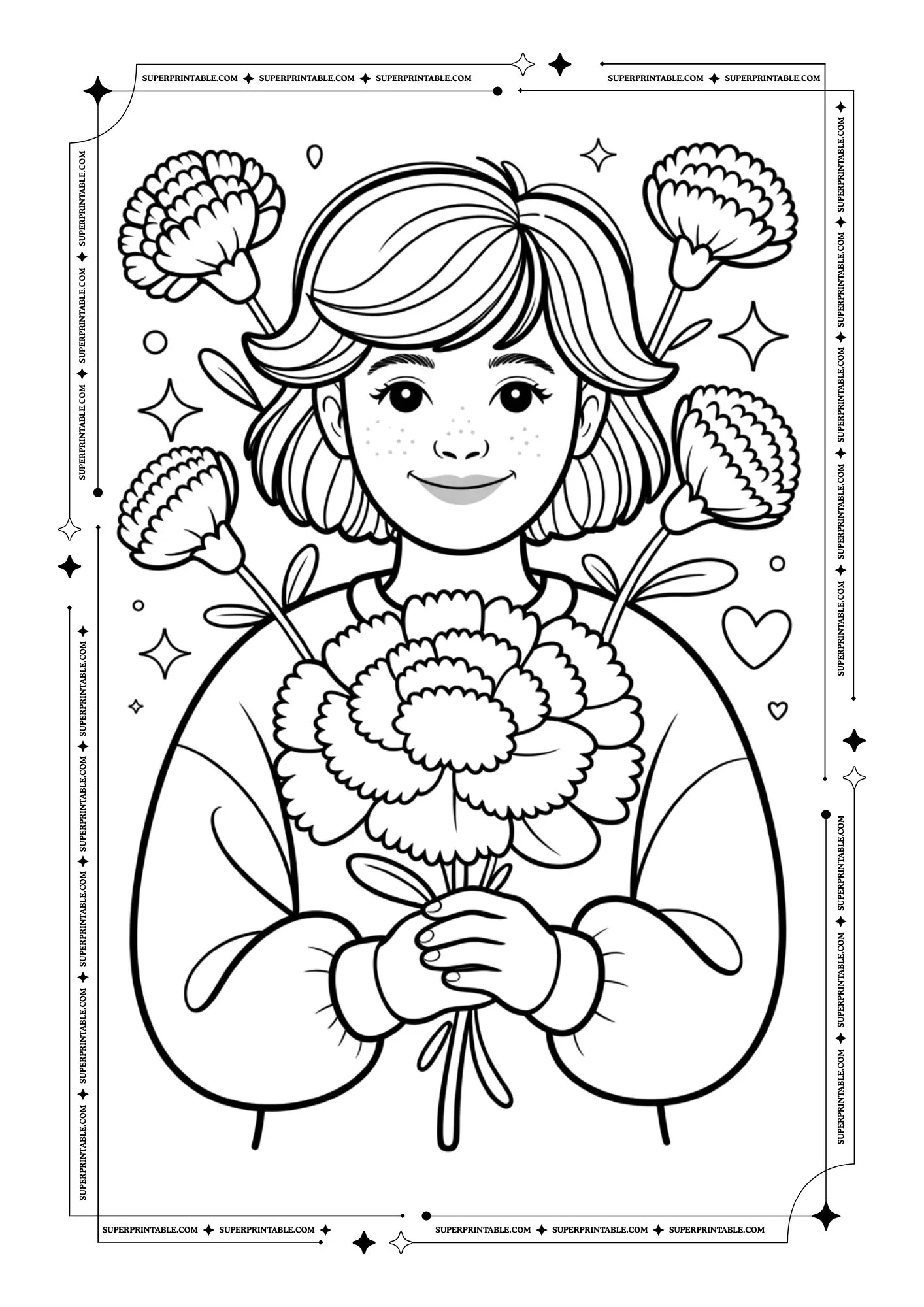 Retro Carnation Flower Girls Coloring Pages 1