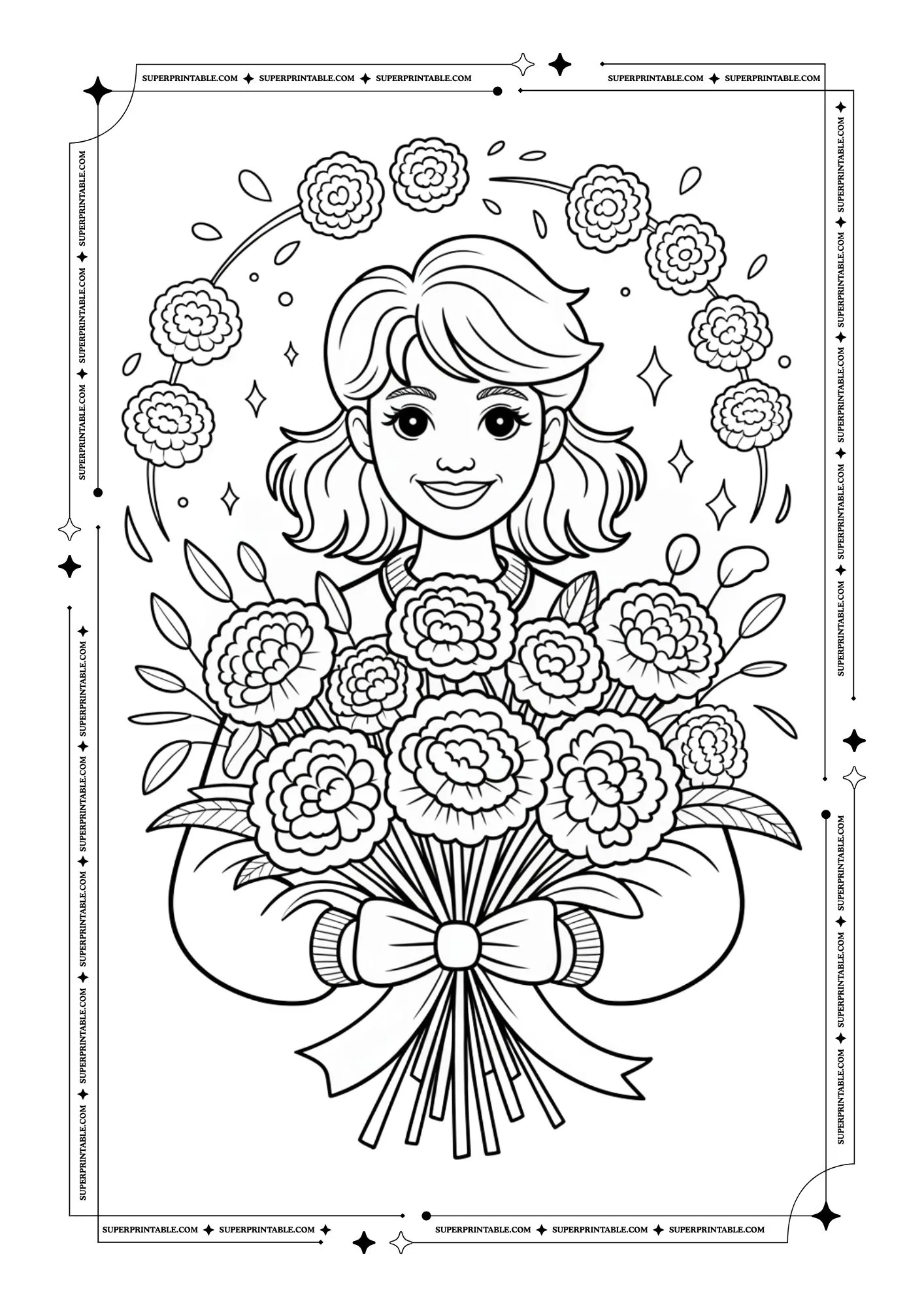Retro Carnation Flower Girls Coloring Pages 2
