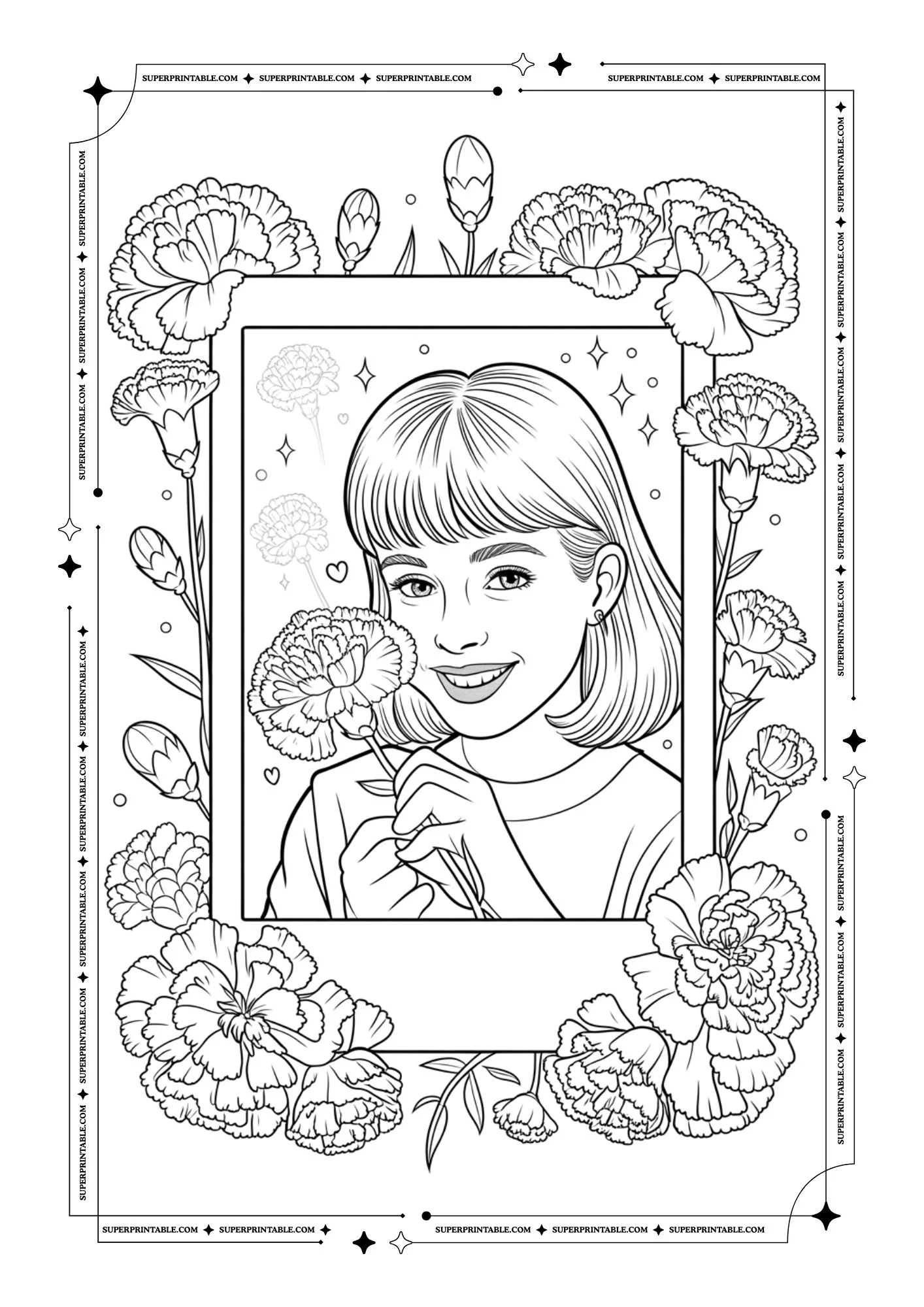 Retro Carnation Flower Girls Coloring Pages 3