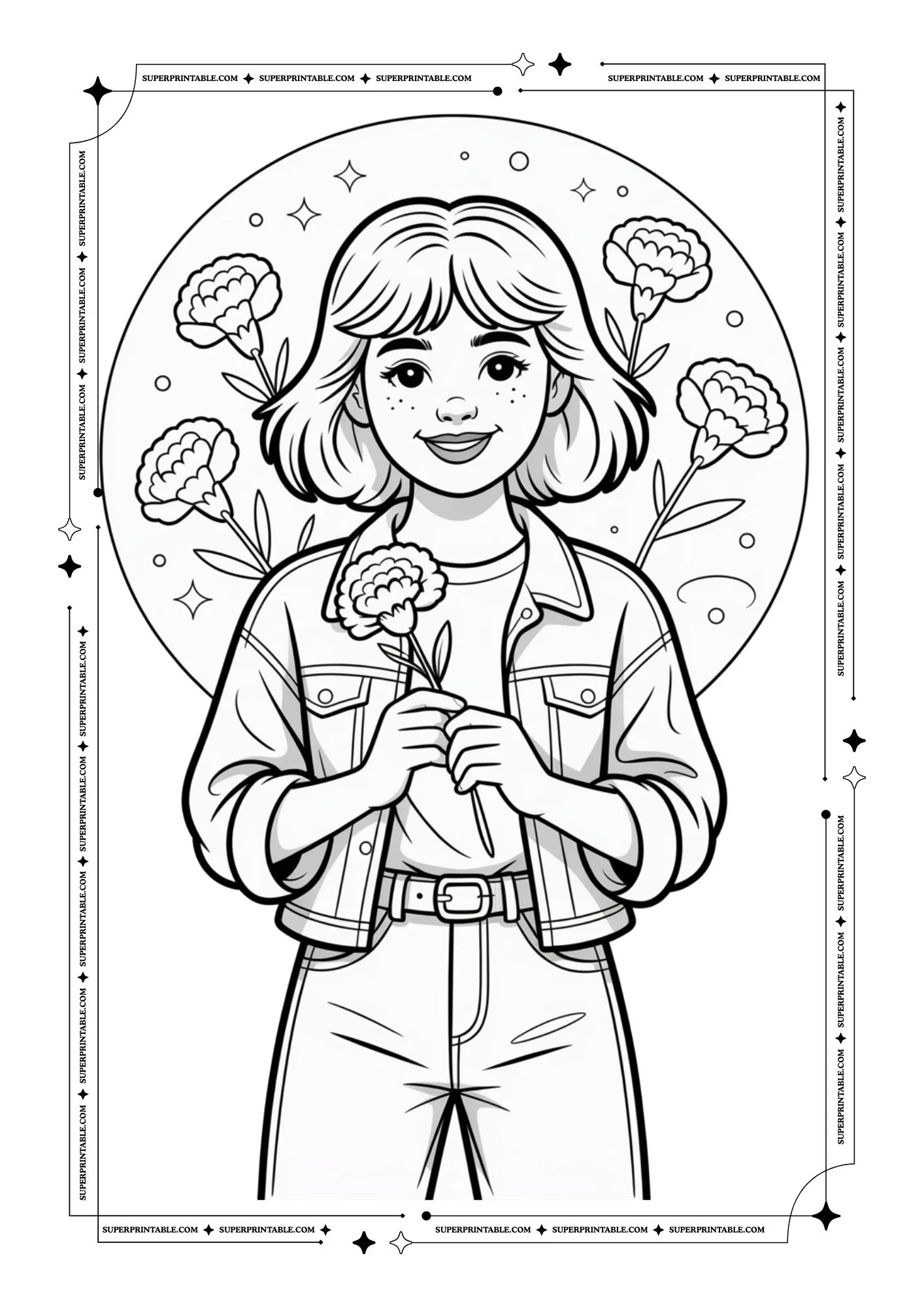 Retro Carnation Flower Girls Coloring Pages 4