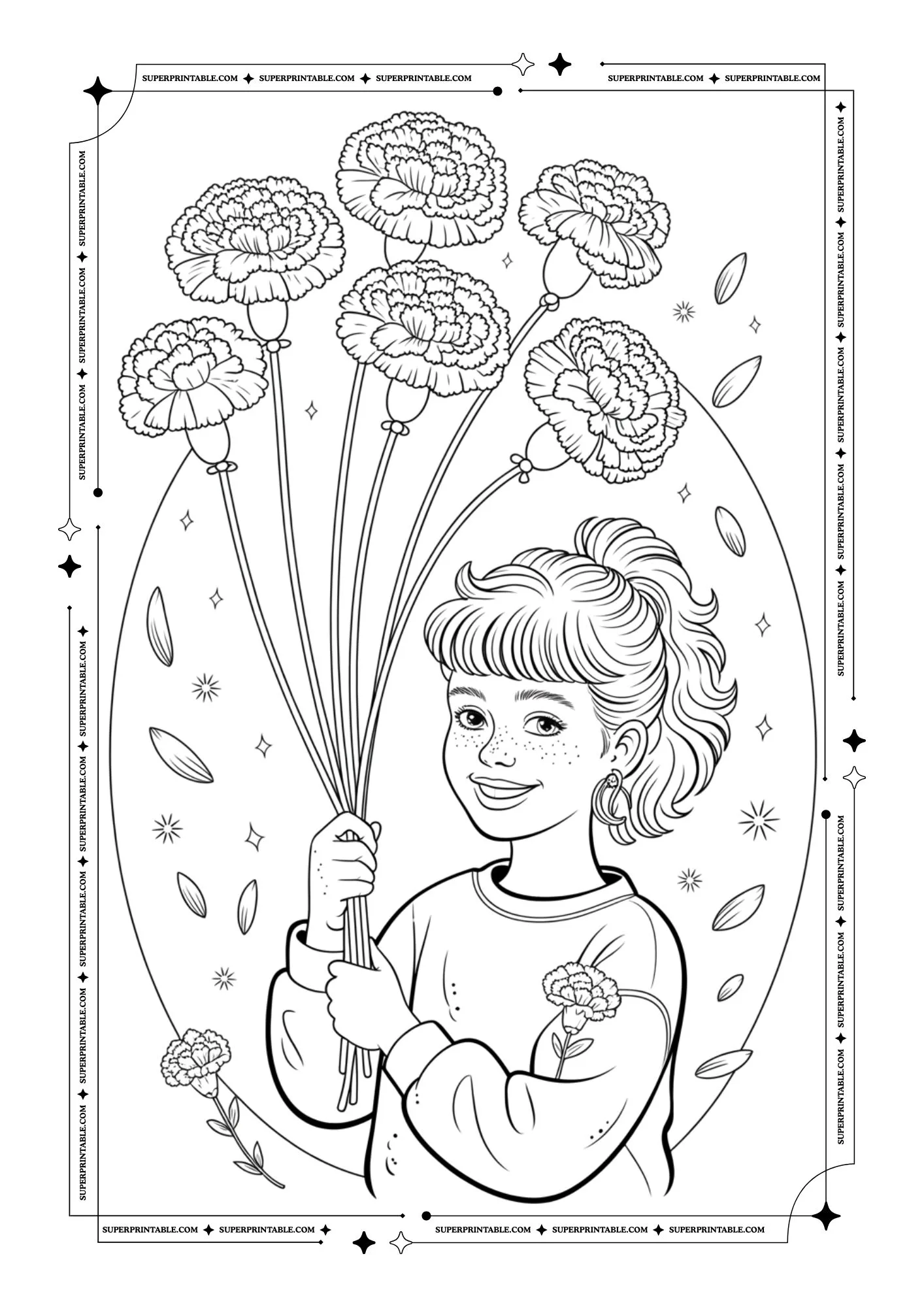 Retro Carnation Flower Girls Coloring Pages 6