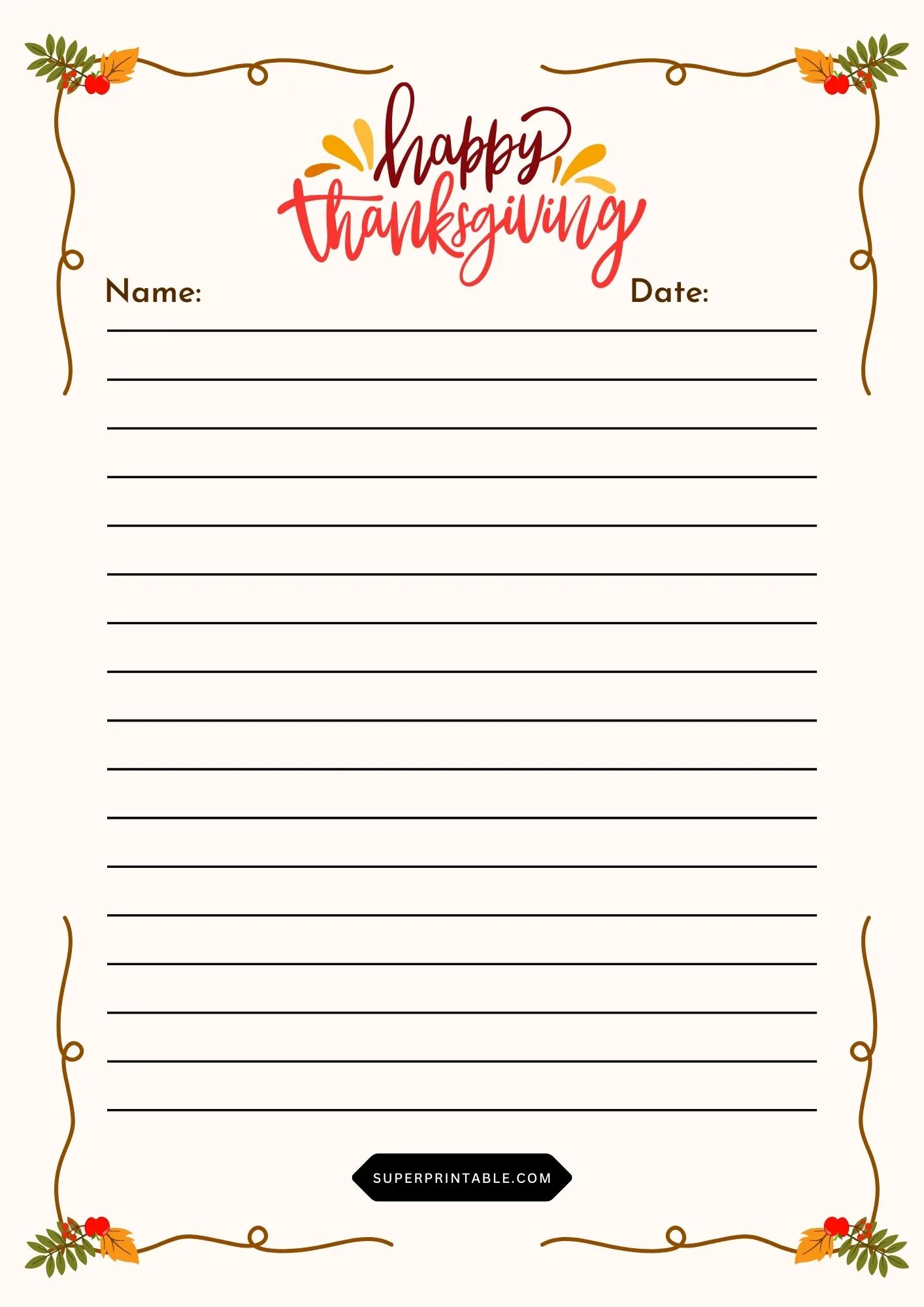 Thanksgiving Lined Writing Worksheet 4