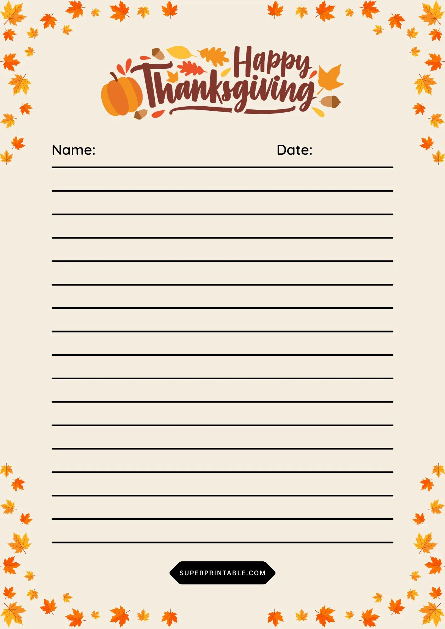 Thanksgiving Lined Writing Worksheet 6