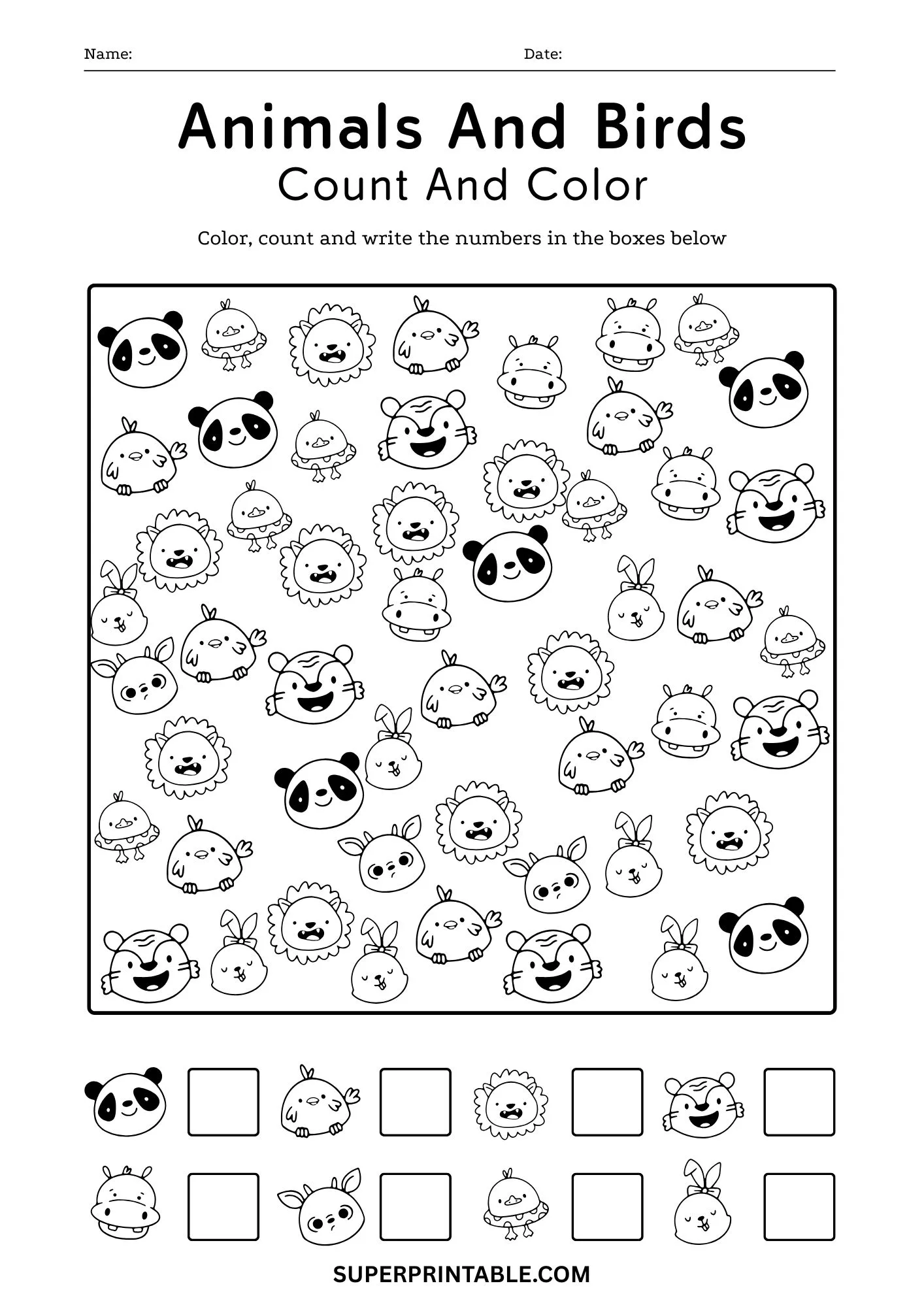 Animal And Birds Color And Count Math Worksheet