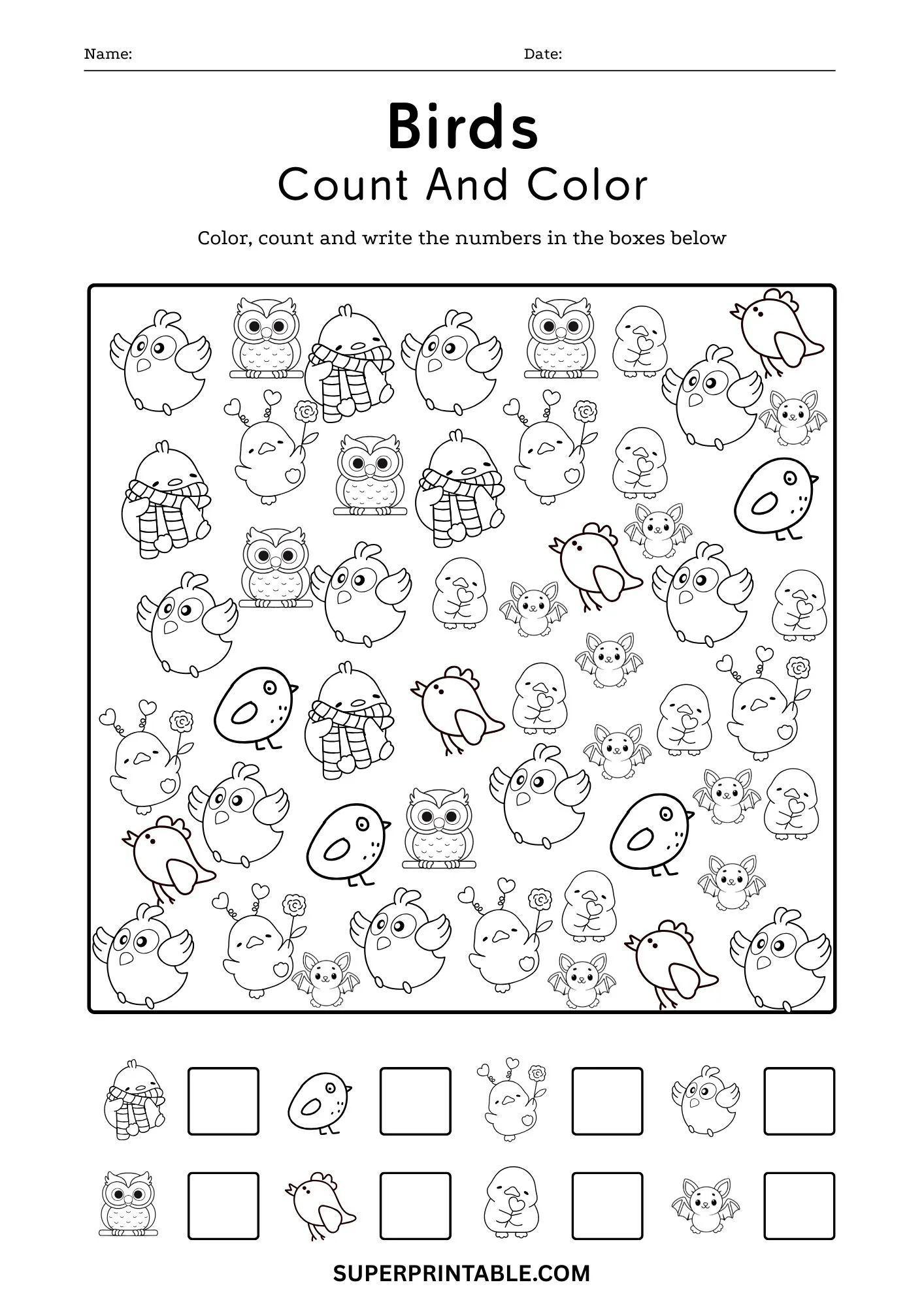 Birds Color And Count Math Worksheet