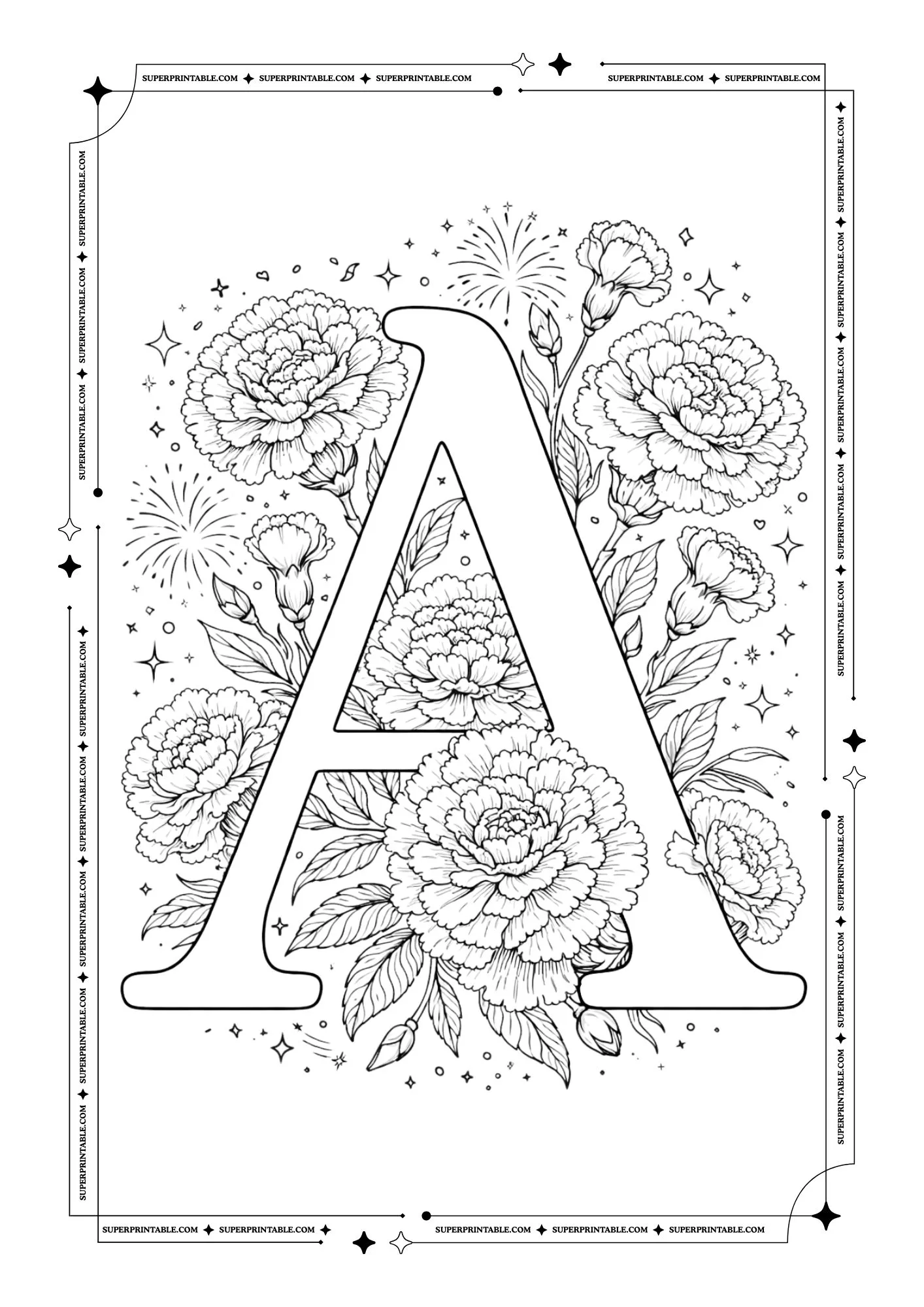 Carnation Bloom Alphabet Coloring Pages 1