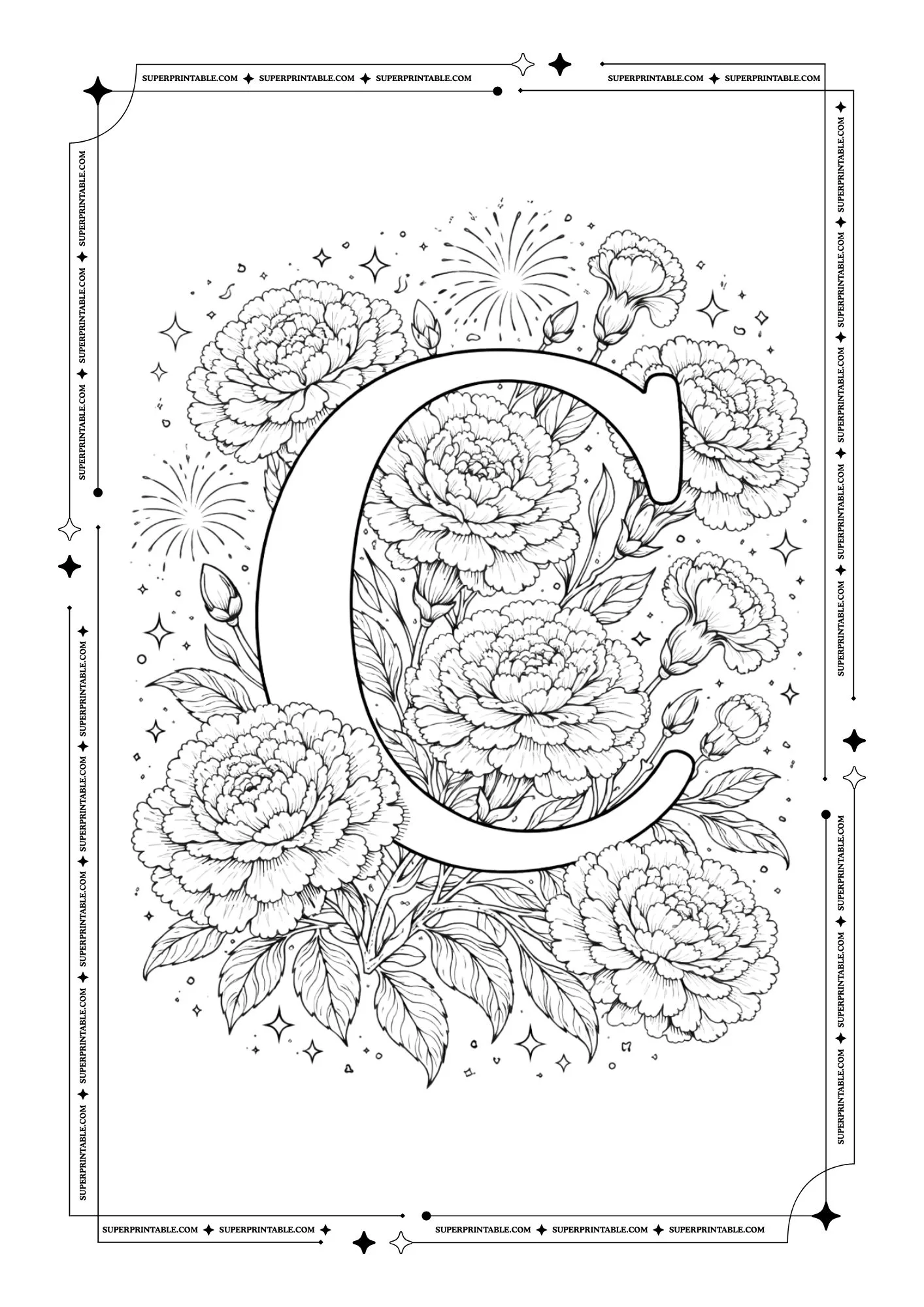 Carnation Bloom Alphabet Coloring Pages 3
