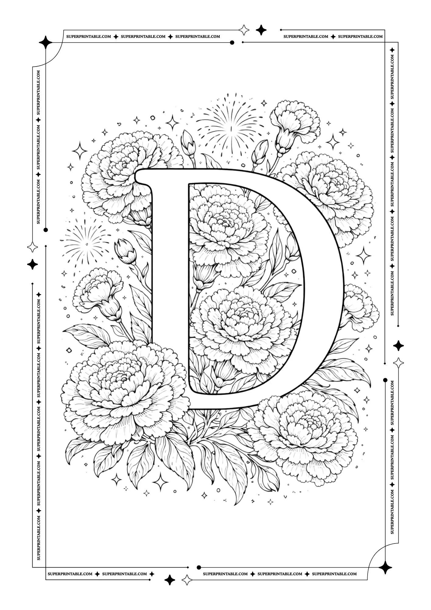 Carnation Bloom Alphabet Coloring Pages 4