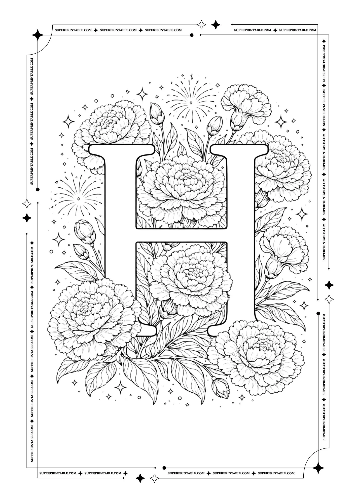Carnation Bloom Alphabet Coloring Pages 8