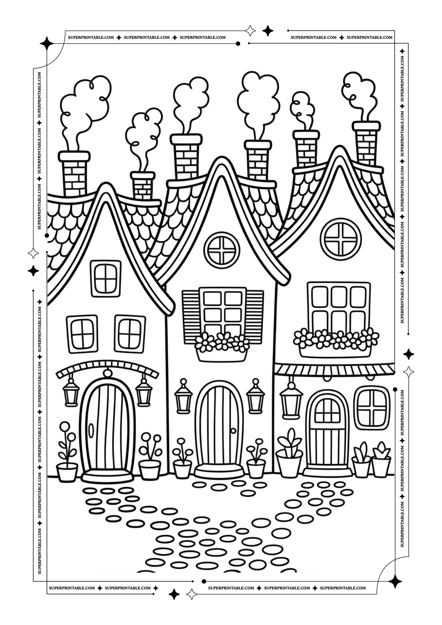 Cozy European Houses Coloring Pages 1