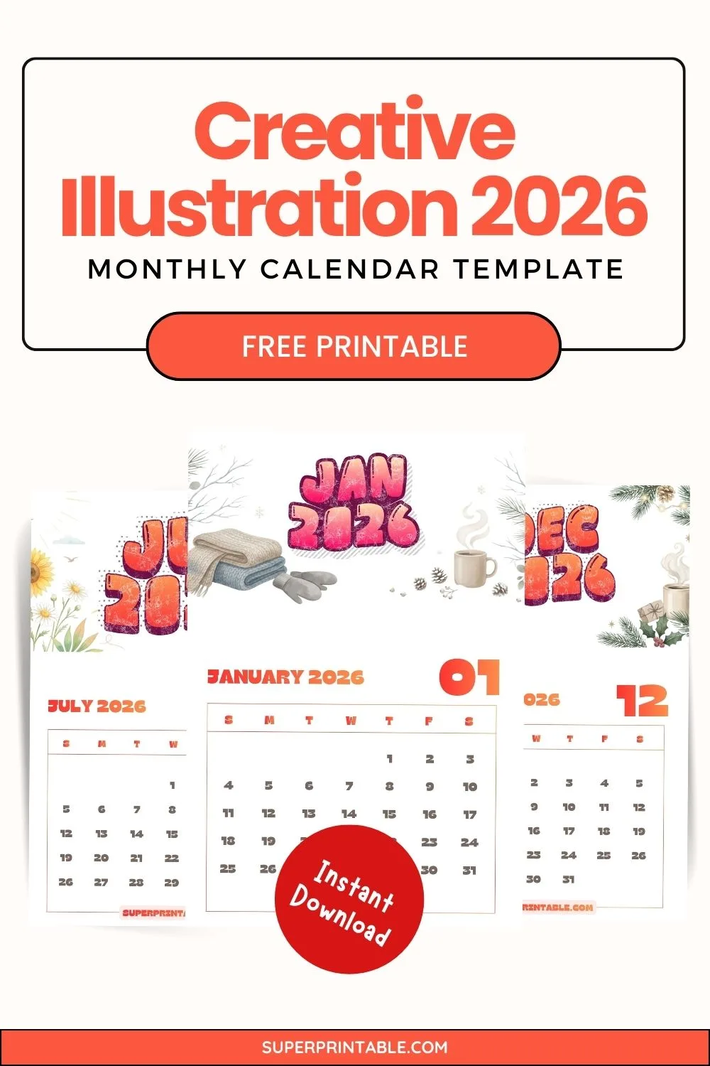 Creative Illustration 2026 Monthly Calendar Pinterest Image