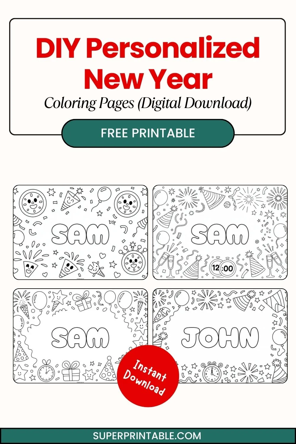 DIY Personalized New Year Coloring Pages (Digital Download) Pinterest Image