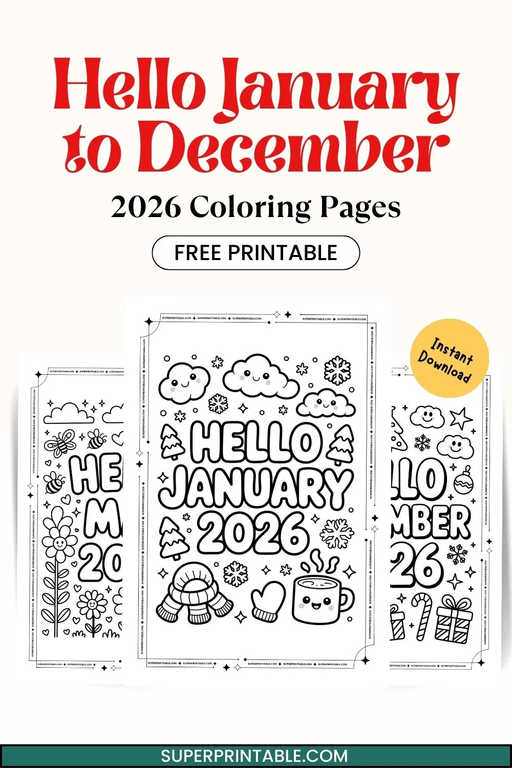 Hello January to December 2026 Coloring Pages Pinterest Image