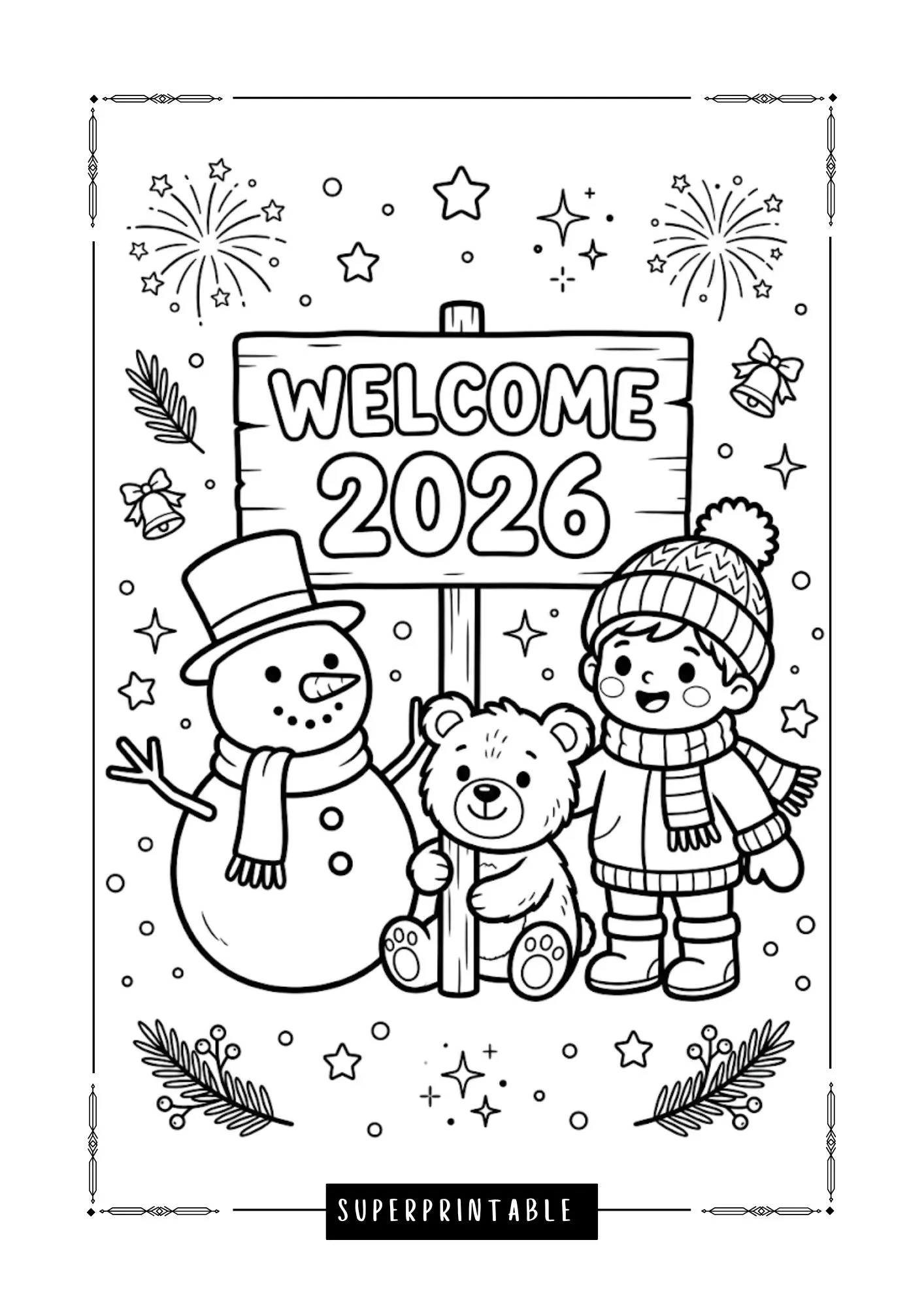Hello New Year 2026 Cozy Coloring Pages 1