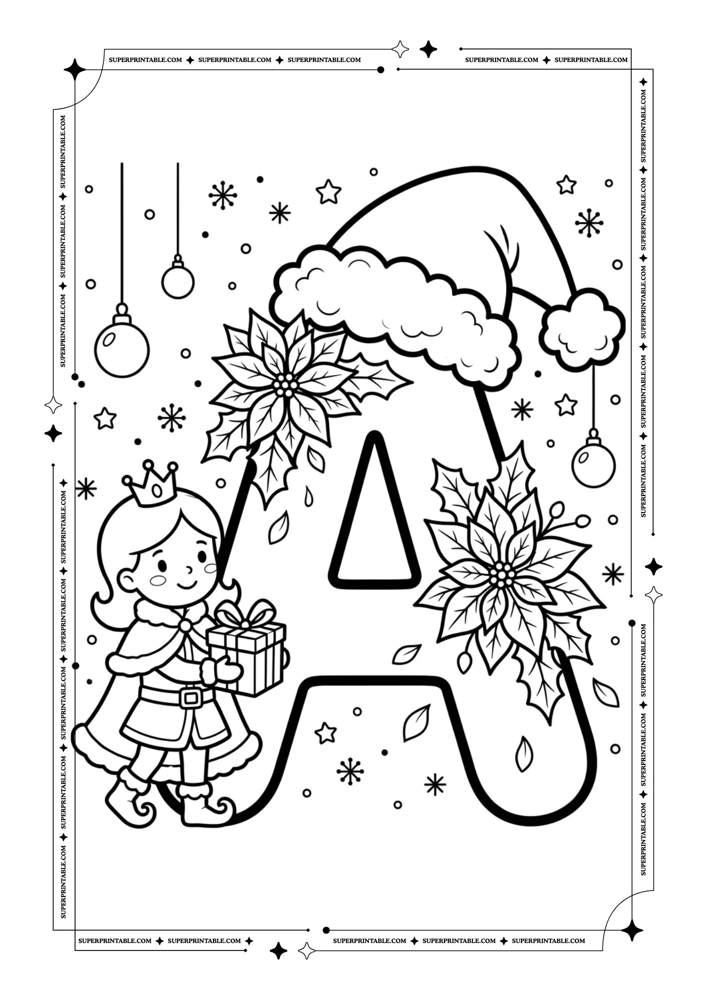 Poinsettia Princess Christmas Alphabet Coloring Pages 1