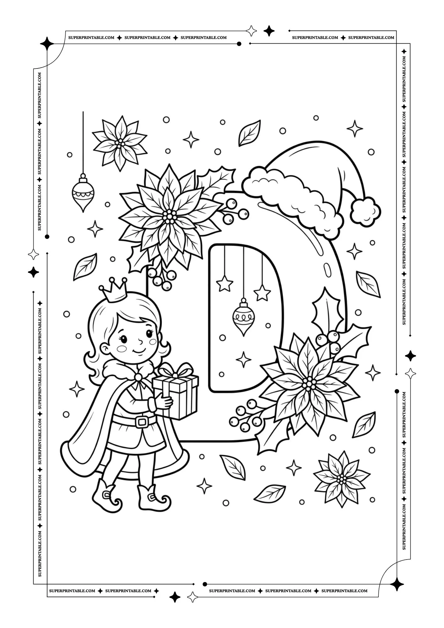 Poinsettia Princess Christmas Alphabet Coloring Pages 4