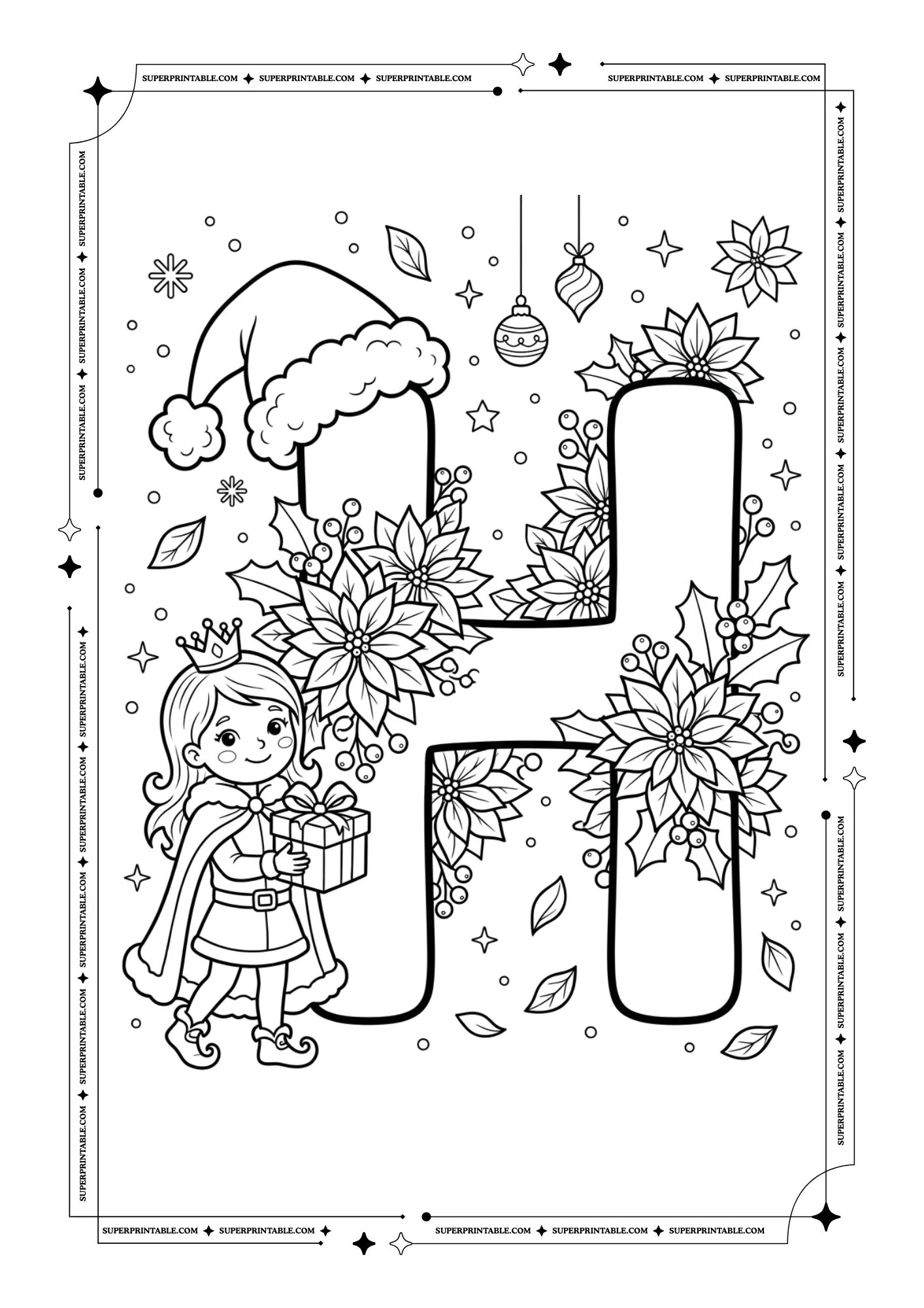 Poinsettia Princess Christmas Alphabet Coloring Pages 8