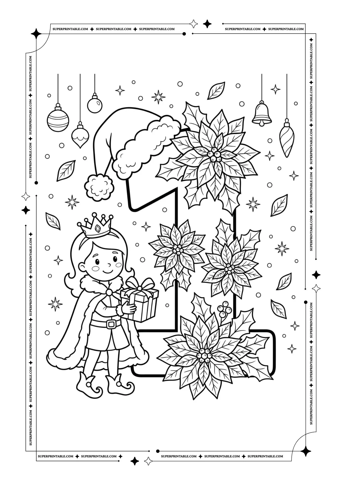 Poinsettia Princess Christmas Numbers Coloring Pages 2