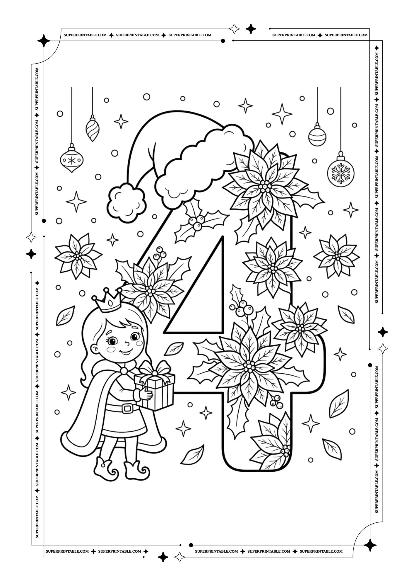 Poinsettia Princess Christmas Numbers Coloring Pages 5