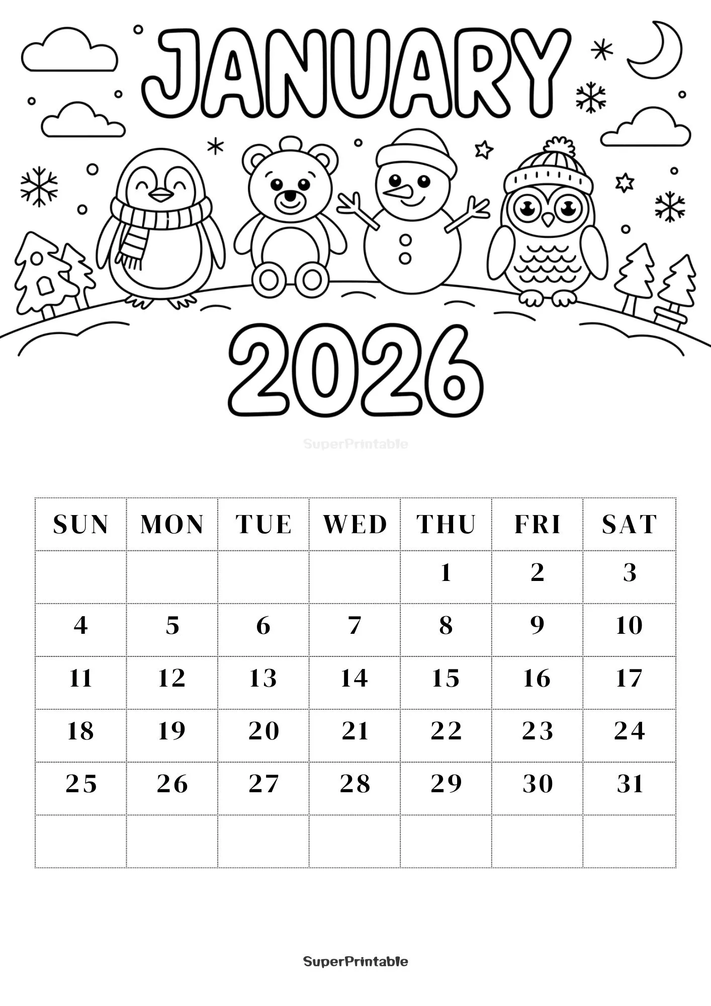 2026 Coloring Calendar Printable for Kids 1