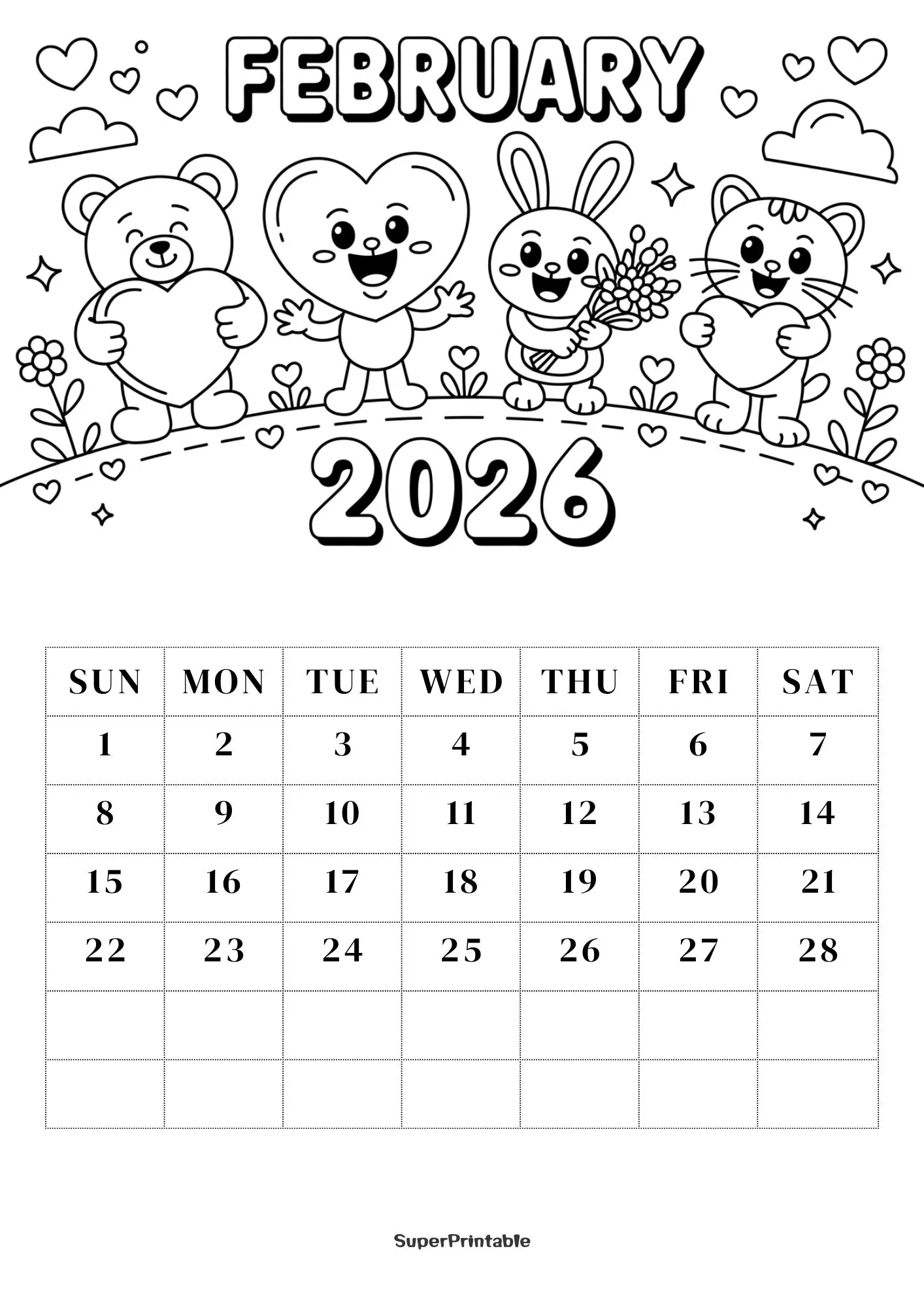 2026 Coloring Calendar Printable for Kids 2