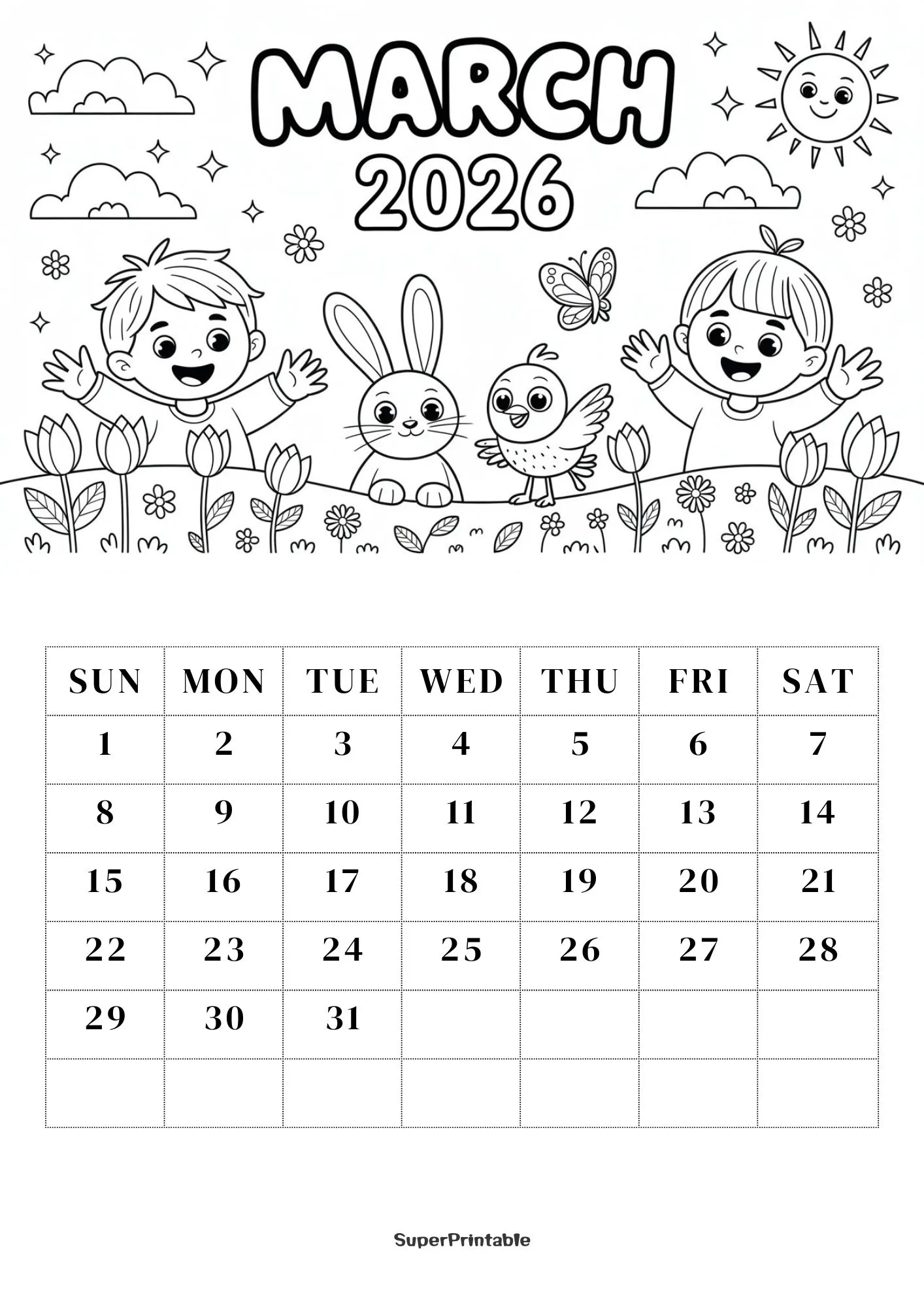 2026 Coloring Calendar Printable for Kids 3