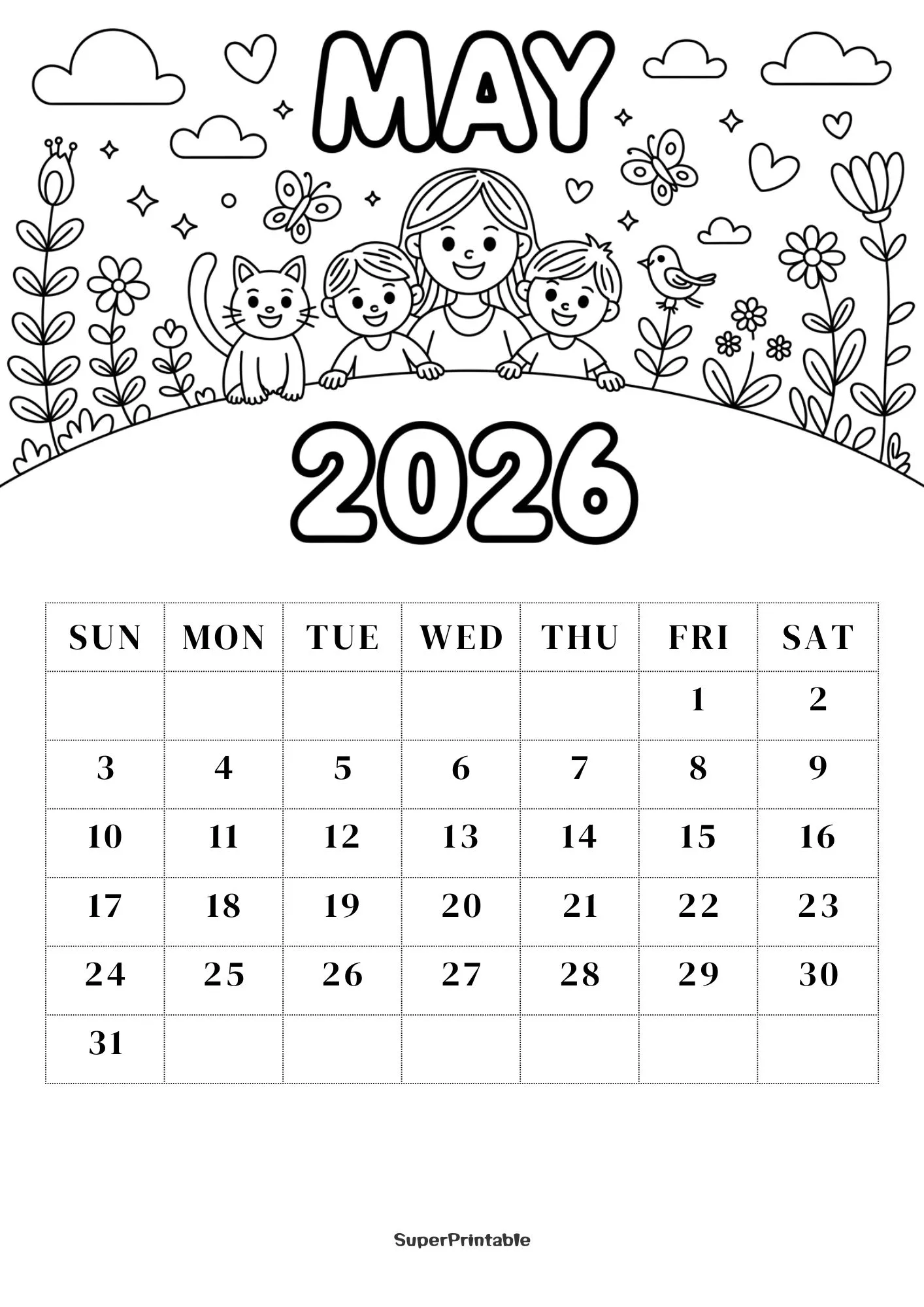 2026 Coloring Calendar Printable for Kids 5