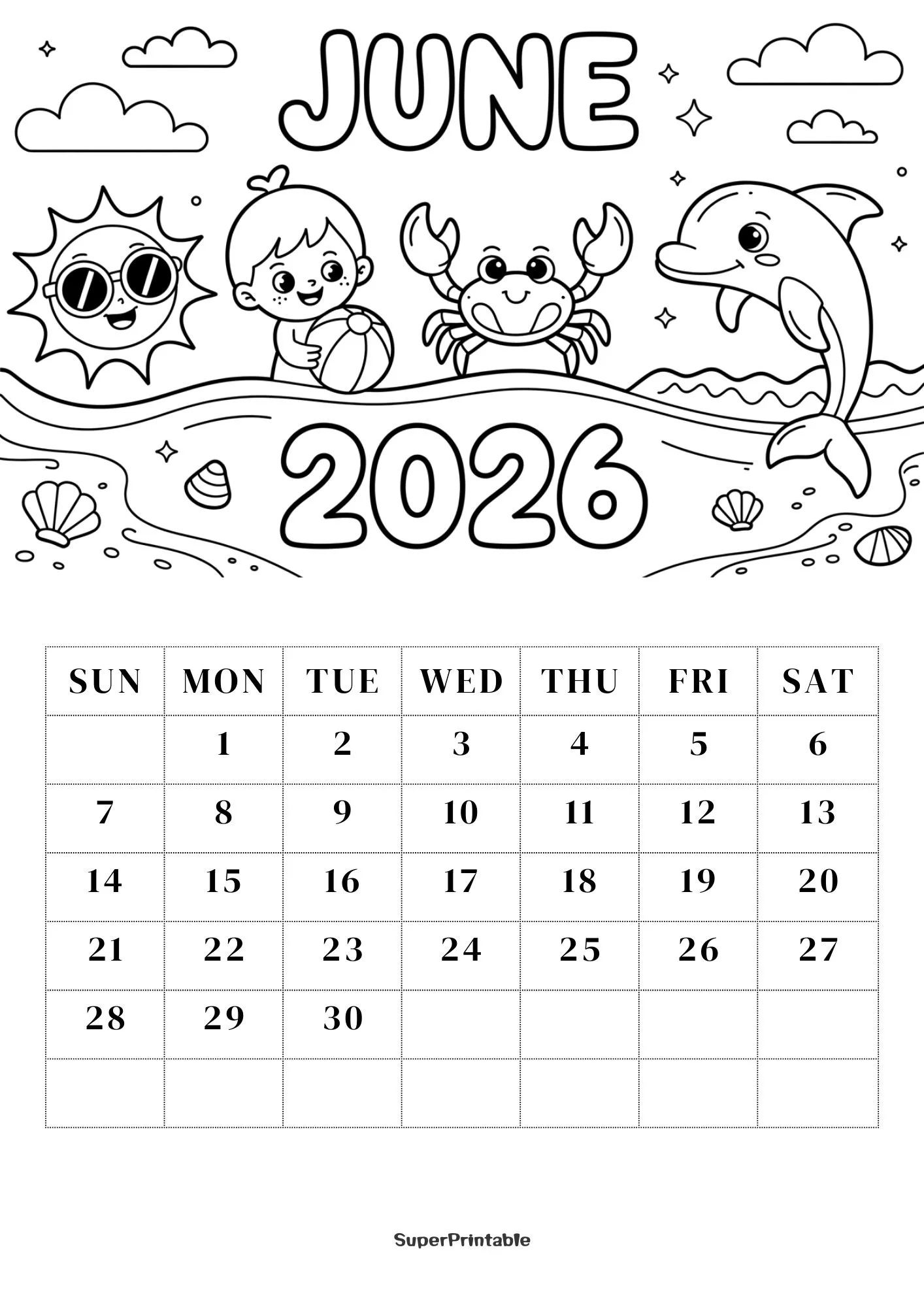 2026 Coloring Calendar Printable for Kids 6