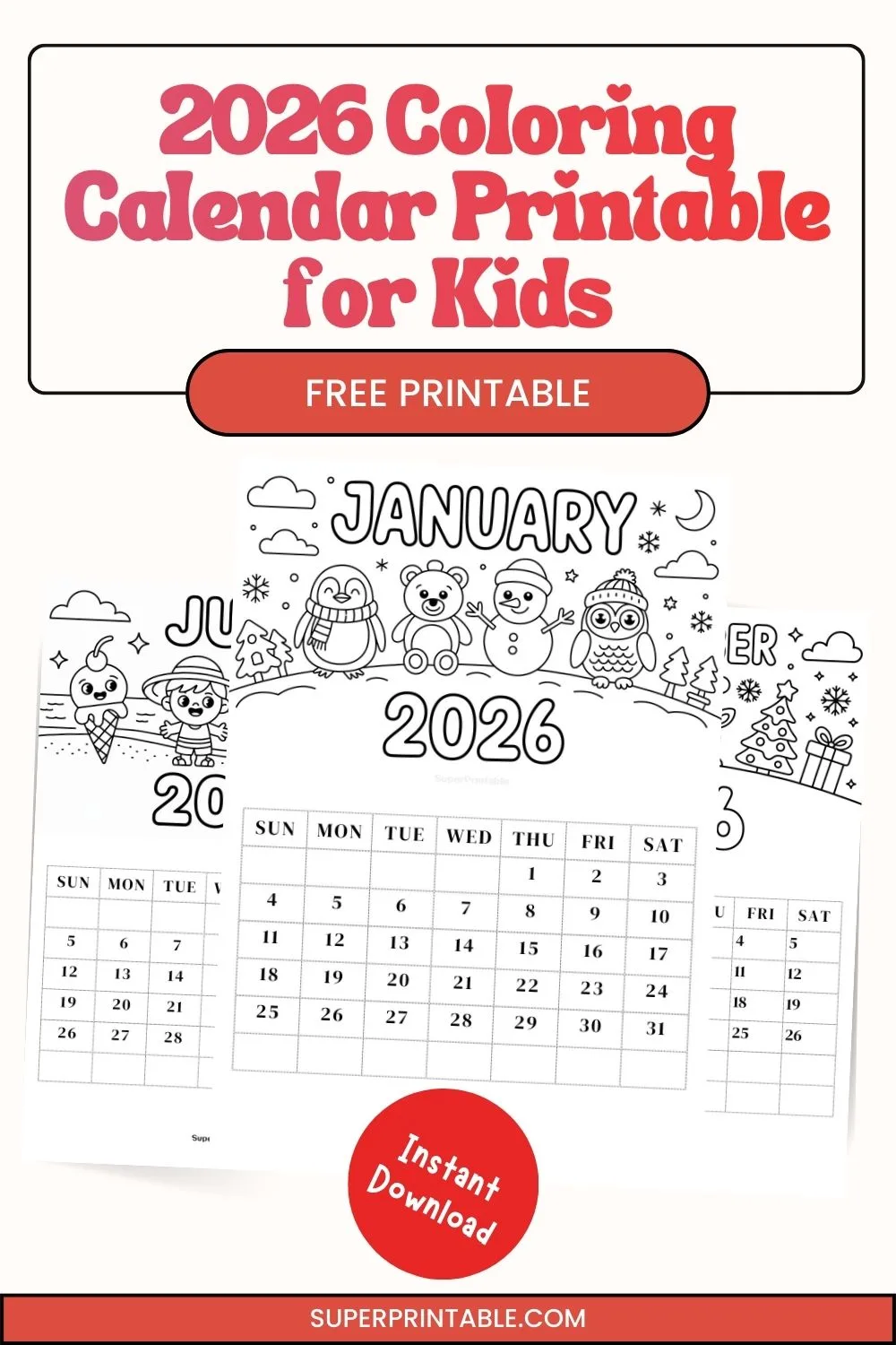 2026 Coloring Calendar Printable for Kids Pinterest Image
