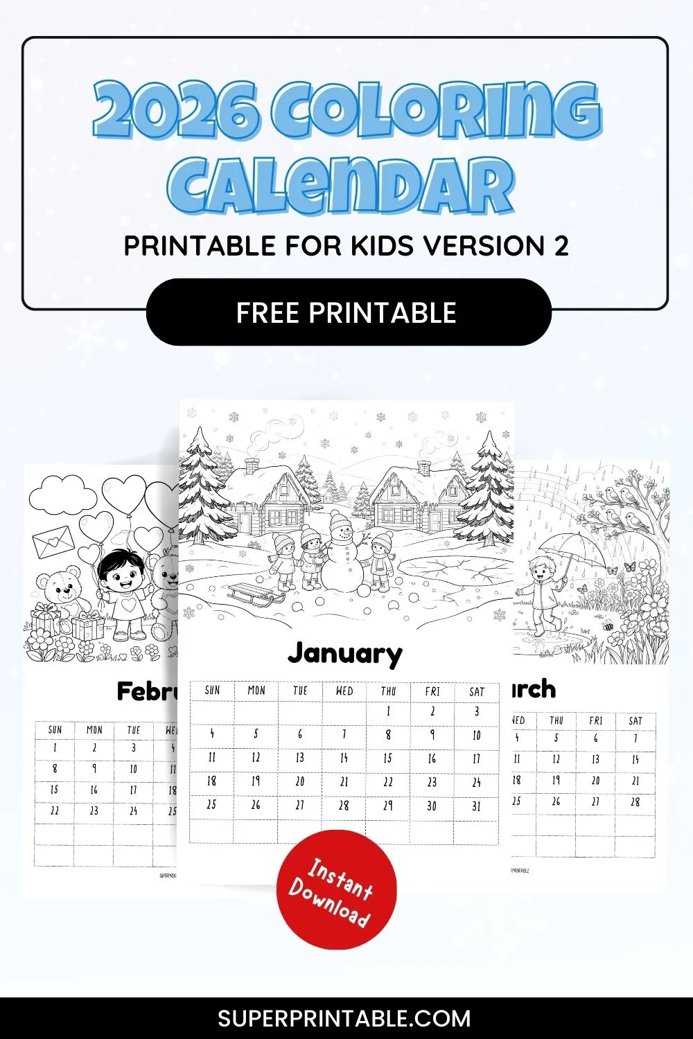 2026 Coloring Calendar Printable for Kids Version 2 Pinterest Image