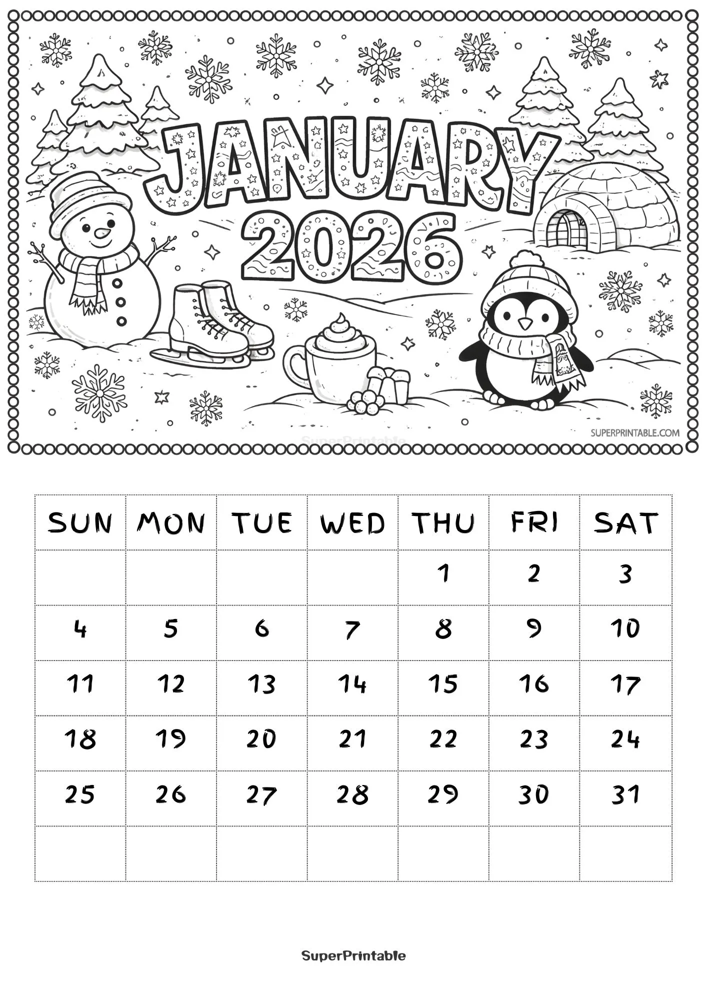 2026 Coloring Calendar Printable for Kids Vol. 2 1