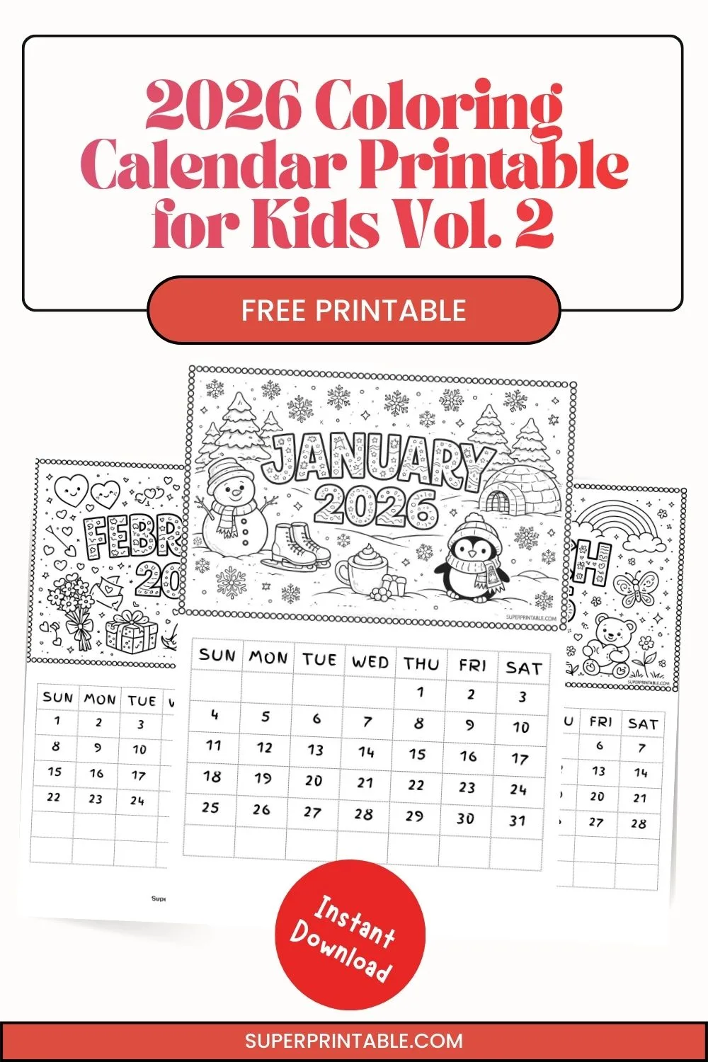 2026 Coloring Calendar Printable for Kids Vol. 2 Pinterest Image