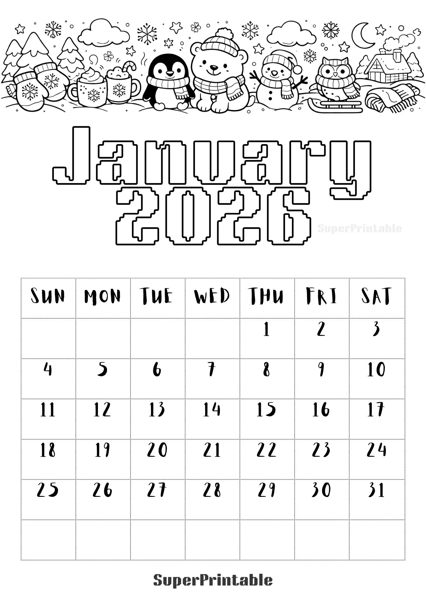 2026 Coloring Calendar for Kids 1
