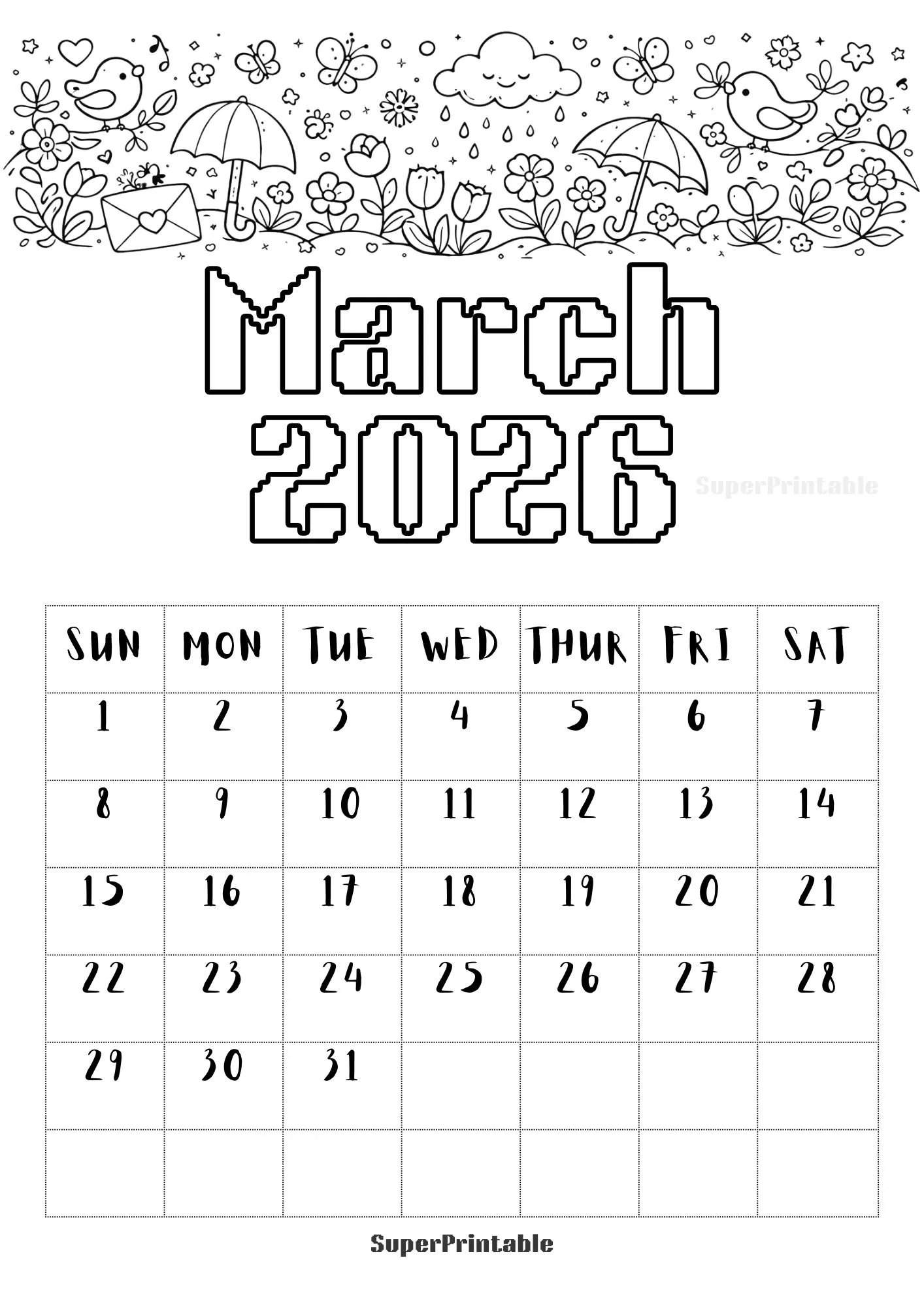 2026 Coloring Calendar for Kids 3