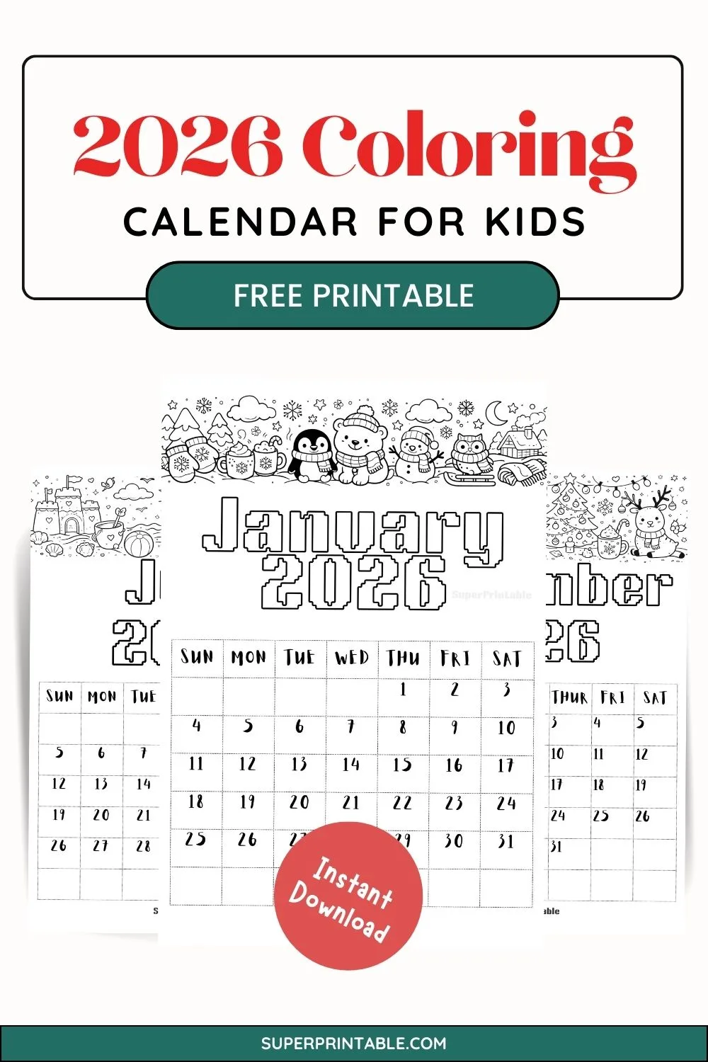 2026 Coloring Calendar for Kids Pinterest Image